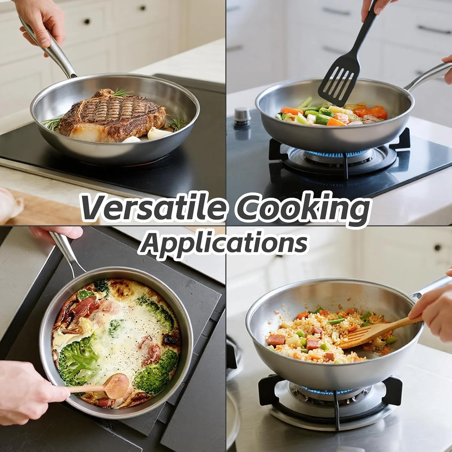 تابه استیل سه لایه کیریکو - تابه سرخ کن 30 سانتی متری، تابه استیل با حرارت سریع و یکنواخت، ظروف پخت و پز القایی، تابه قابل شستشو در ماشین ظرفشویی و فر