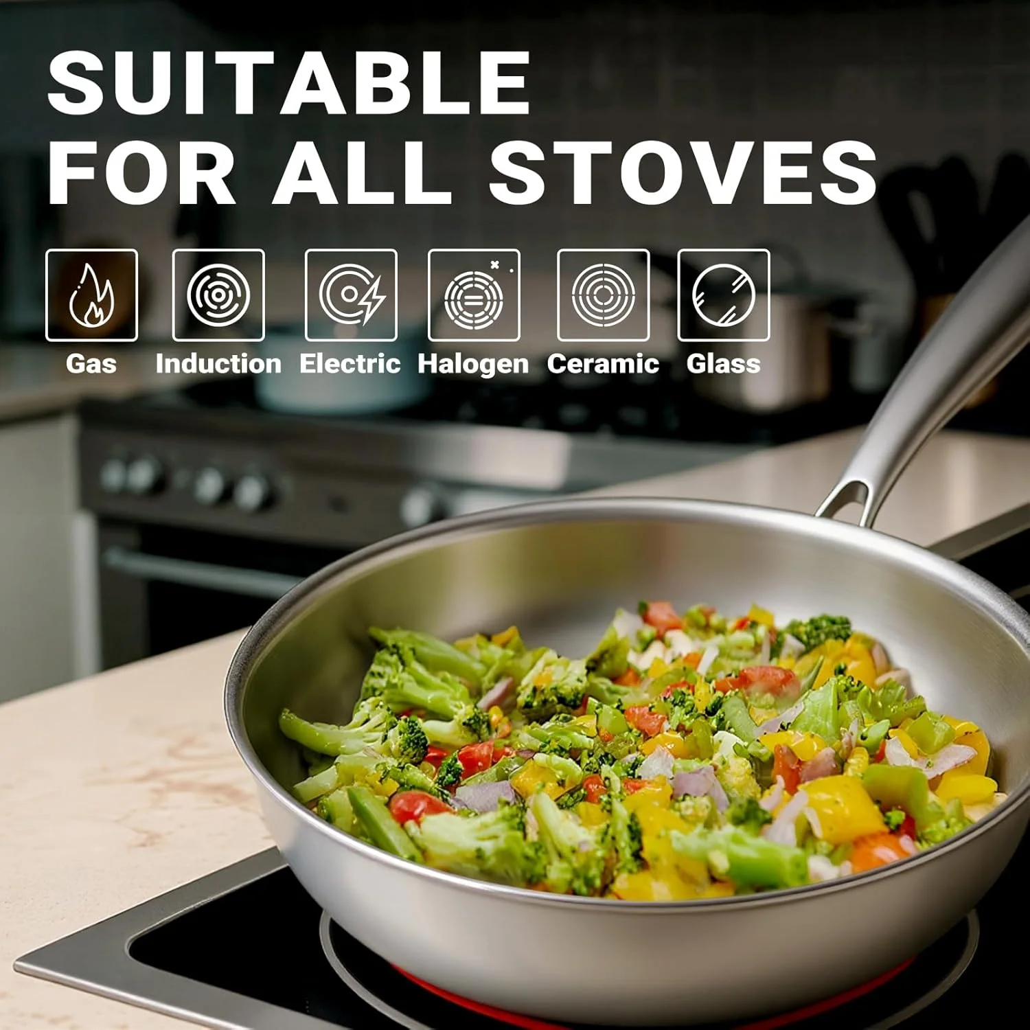 تابه استیل سه لایه کیریکو - تابه سرخ کن 30 سانتی متری، تابه استیل با حرارت سریع و یکنواخت، ظروف پخت و پز القایی، تابه قابل شستشو در ماشین ظرفشویی و فر