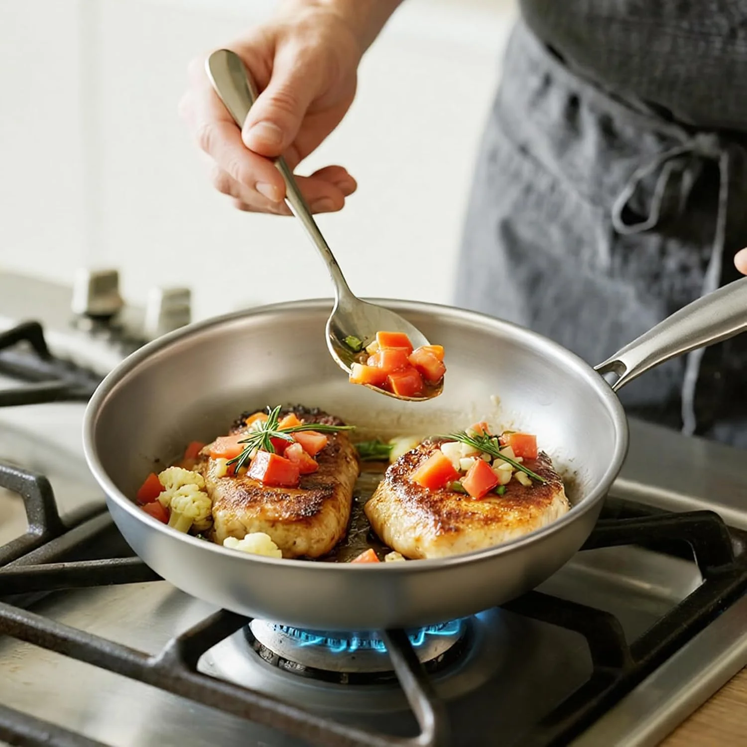 تابه استیل سه لایه کیریکو - تابه سرخ کن 30 سانتی متری، تابه استیل با حرارت سریع و یکنواخت، ظروف پخت و پز القایی، تابه قابل شستشو در ماشین ظرفشویی و فر