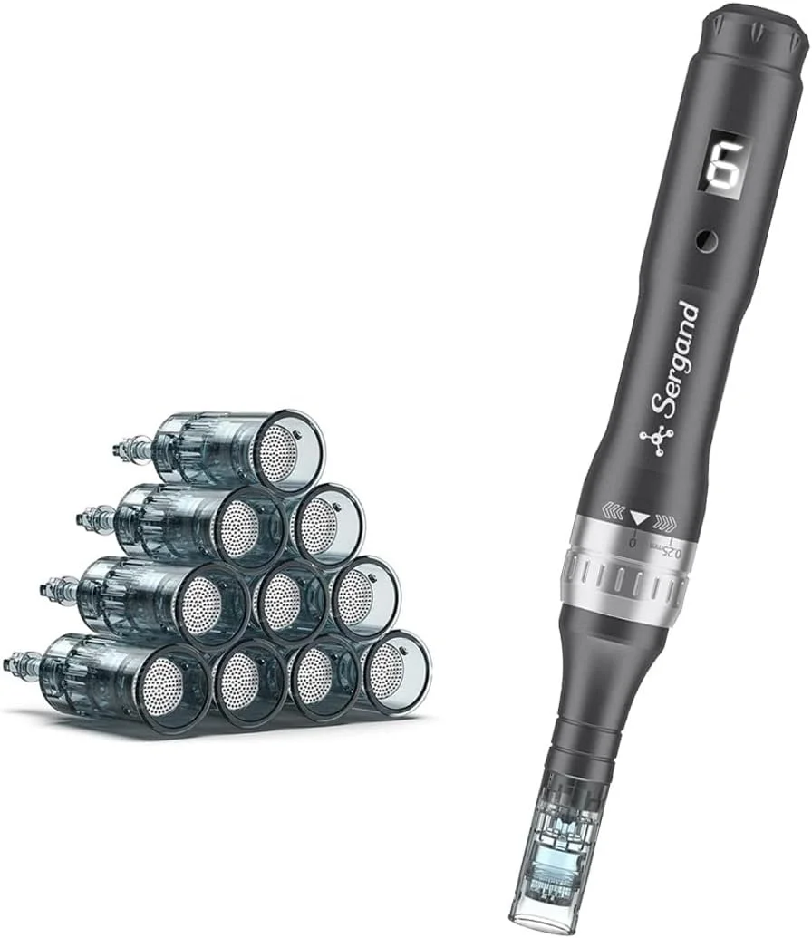 قلم میکرونیدلینگ بی سیم حرفه ای Sergand به همراه 20 کارتریج جایگزین - دستگاه میکرونیدلینگ حرفه ای قابل تنظیم، 9 عدد 16 پین + 9 عدد 36 پین + 2 عدد نانو. مشکی