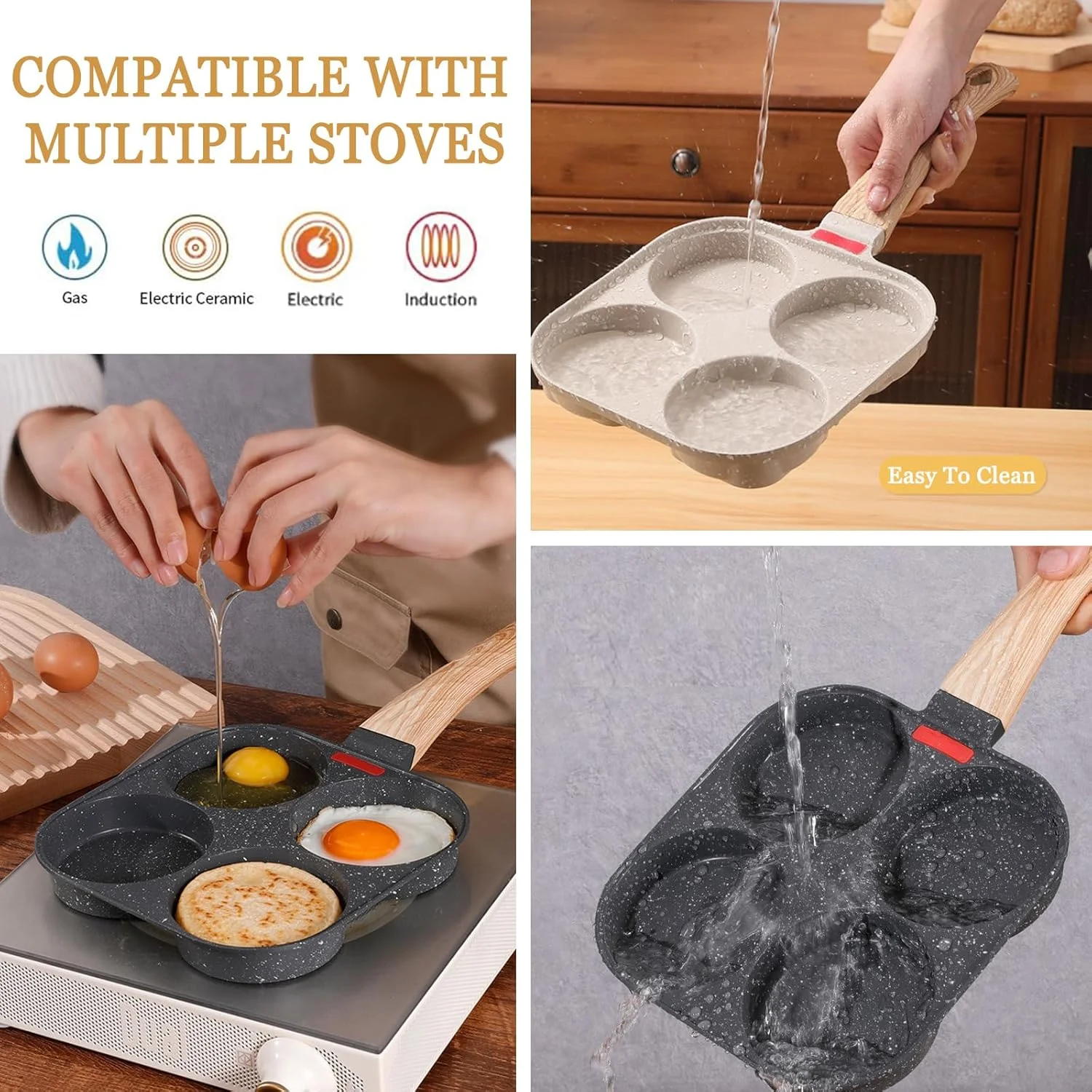 تابه تخم مرغ نچسب JUSTUP، تابه گریل تقسیم شده 3 در 1، تابه املت با دسته مقاوم در برابر حرارت، تابه املت برای صبحانه، تخم مرغ، بیکن و همبرگر (11.4 اینچ)