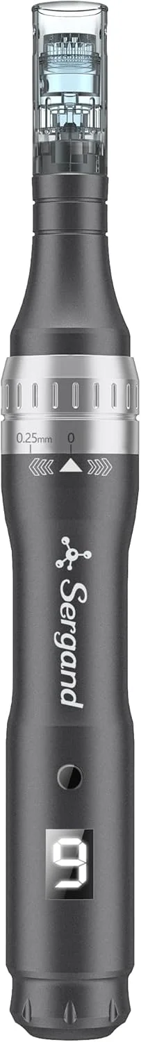 قلم میکرونیدلینگ بی سیم حرفه ای Sergand به همراه 20 کارتریج جایگزین - دستگاه میکرونیدلینگ حرفه ای قابل تنظیم، 9 عدد 16 پین + 9 عدد 36 پین + 2 عدد نانو. مشکی