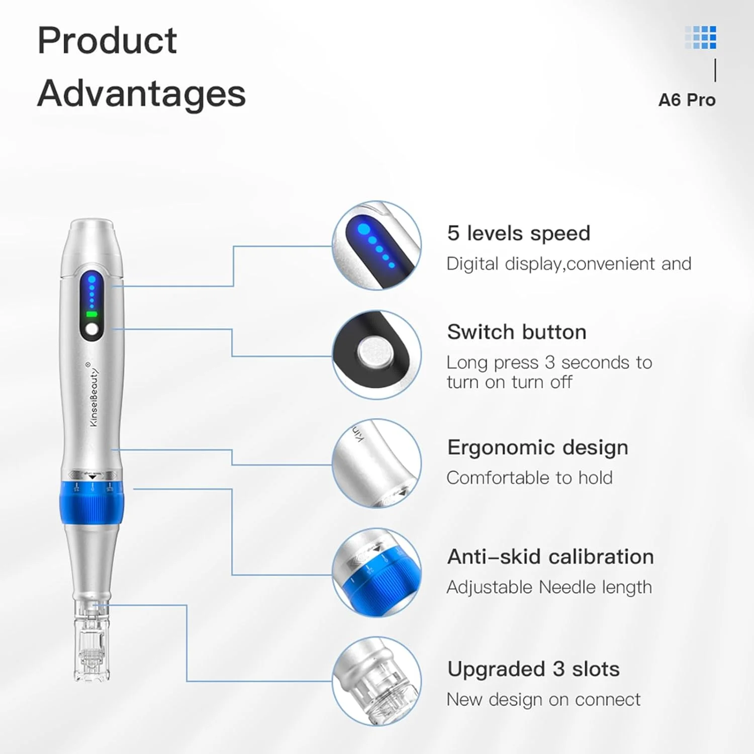 قلم میکرونیدلینگ حرفه ای با 5 سرعت، دستگاه میکرونیدلینگ بی سیم قابل تنظیم Ultima A6 Pro به همراه 2 عدد کارتریج جایگزین 12 پین، 2 عدد 24 پین، 2 عدد 36 پین