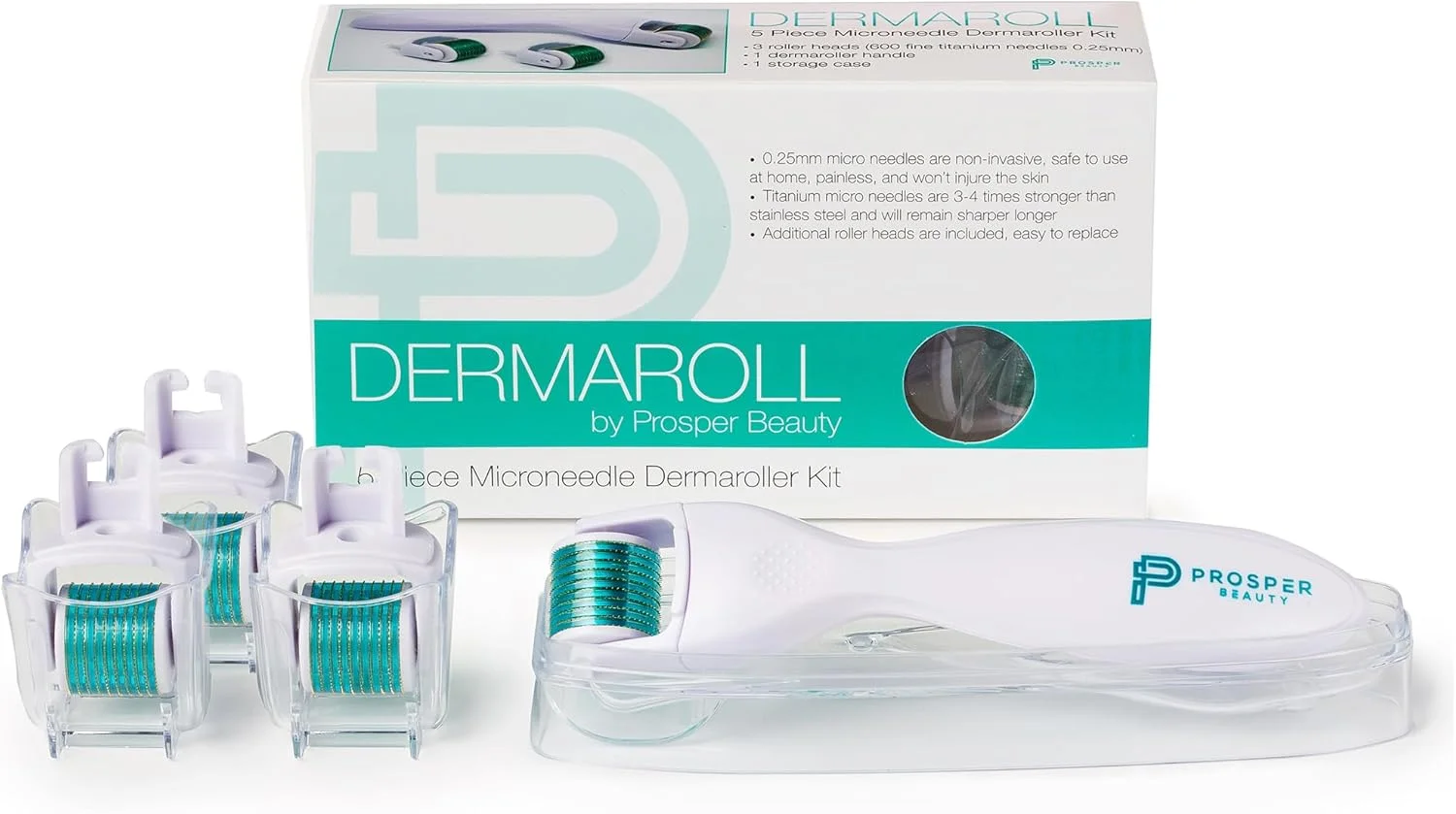 Prosper Beauty Derma Roller Microneedle 6 Piece Kit [DERMAROLL by ] Face Roller with 4 Replaceable Heads Exfoliation Microdermabrasion Micro Derma Skin Care Tool Dermaplaning Dermapen Microneedling