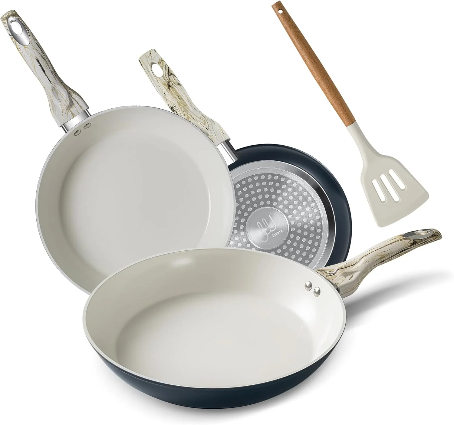 ست ماهیتابه نچسب Joware، ست ماهیتابه سرامیکی 8، 9.5 و 11 اینچی، تابه سرامیکی با دسته خنک، تابه های غیر سمی برای پخت و پز و قابل شستشو در ماشین ظرفشویی، آبی و سفید، بدون PFAS، PTFE و PFOA