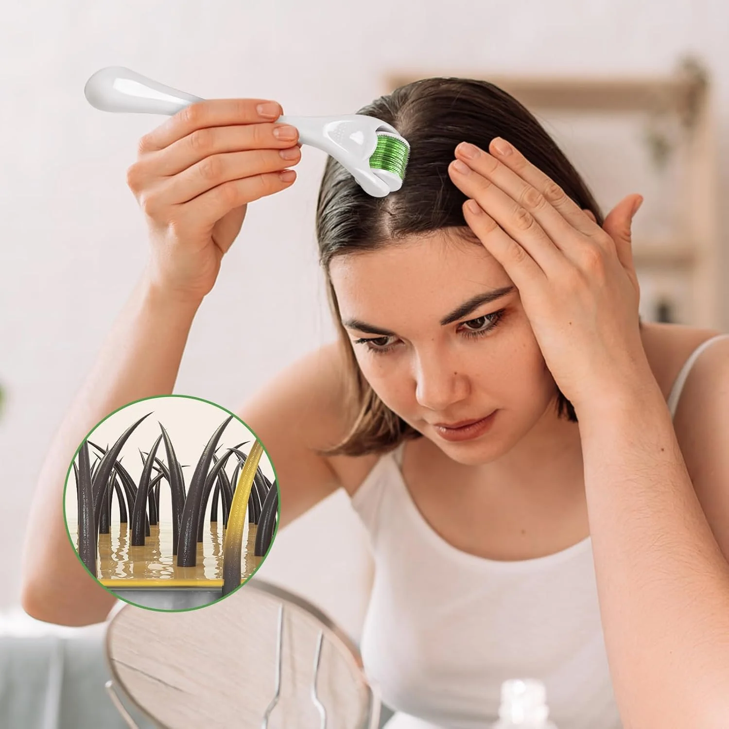 غلتک درما ONLYSKY BEAUTY، غلتک ریش 540، غلتک میکرونیدلینگ تیتانیومی برای استفاده خانگی مردان و زنان 0.25 میلی متر (دسته سفید + غلتک سبز)