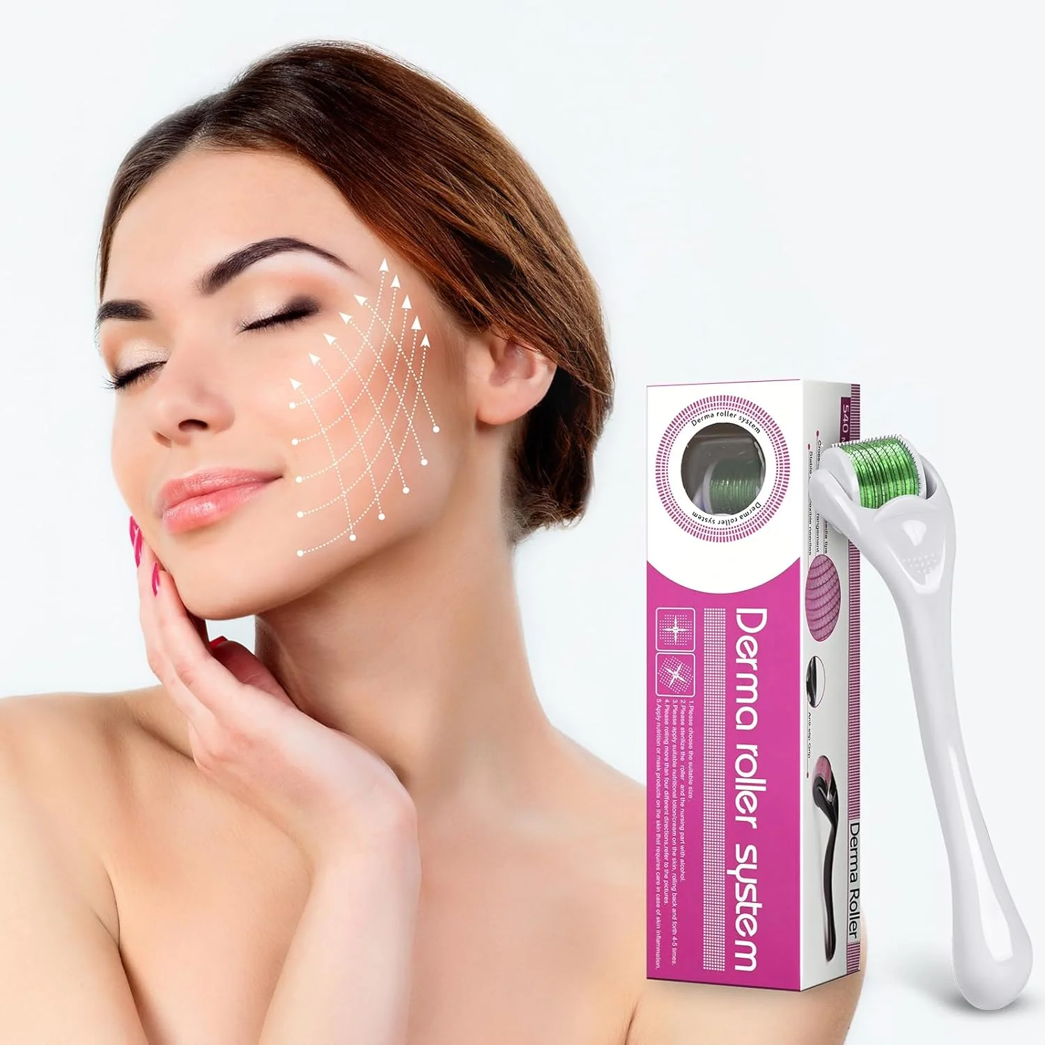 غلتک درما ONLYSKY BEAUTY، غلتک ریش 540، غلتک میکرونیدلینگ تیتانیومی برای استفاده خانگی مردان و زنان 0.25 میلی متر (دسته سفید + غلتک سبز)