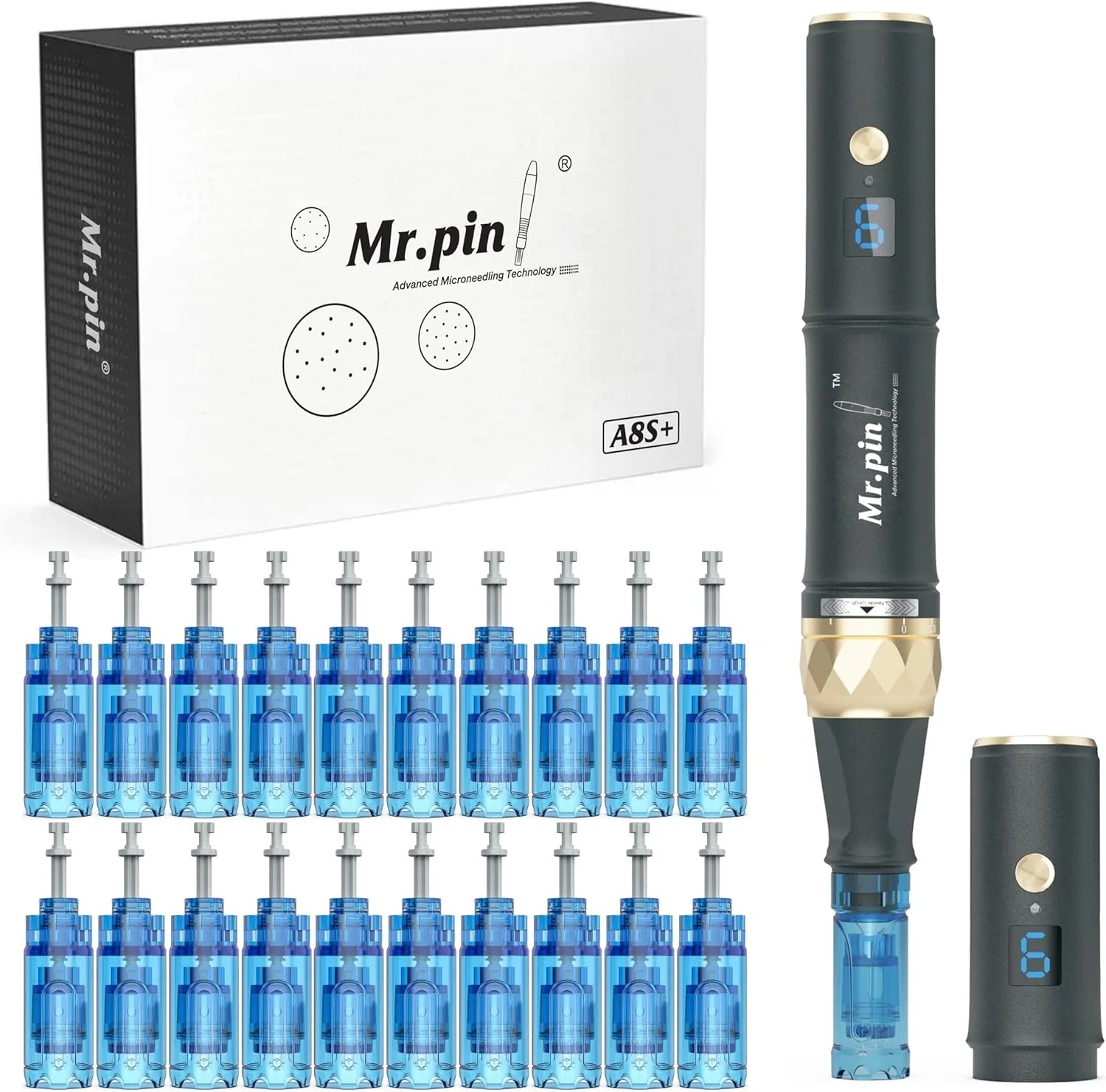 دستگاه اصلی درماپن Mr.Pin A8S Plus - بی سیم به همراه 22 عدد کارتریج تعویضی در سایزهای مختلف - برای مراقبت از پوست و مو