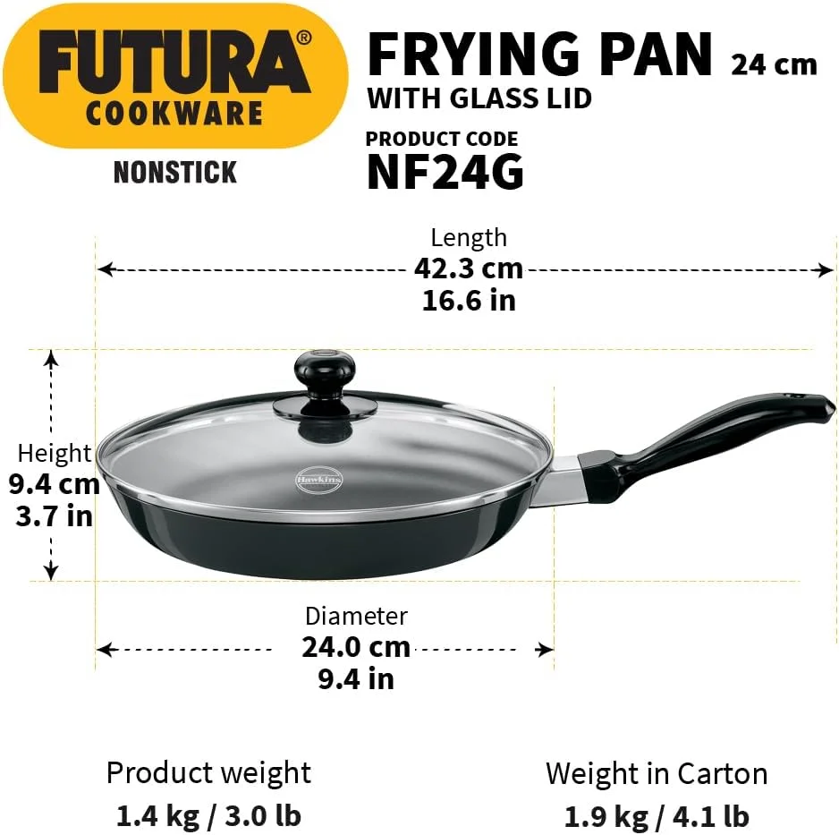تابه سرخ کن هاوکینز فوتورا 26 سانتی متر، تابه نچسب با درب شیشه ای، تابه، مشکی (NF26G)
