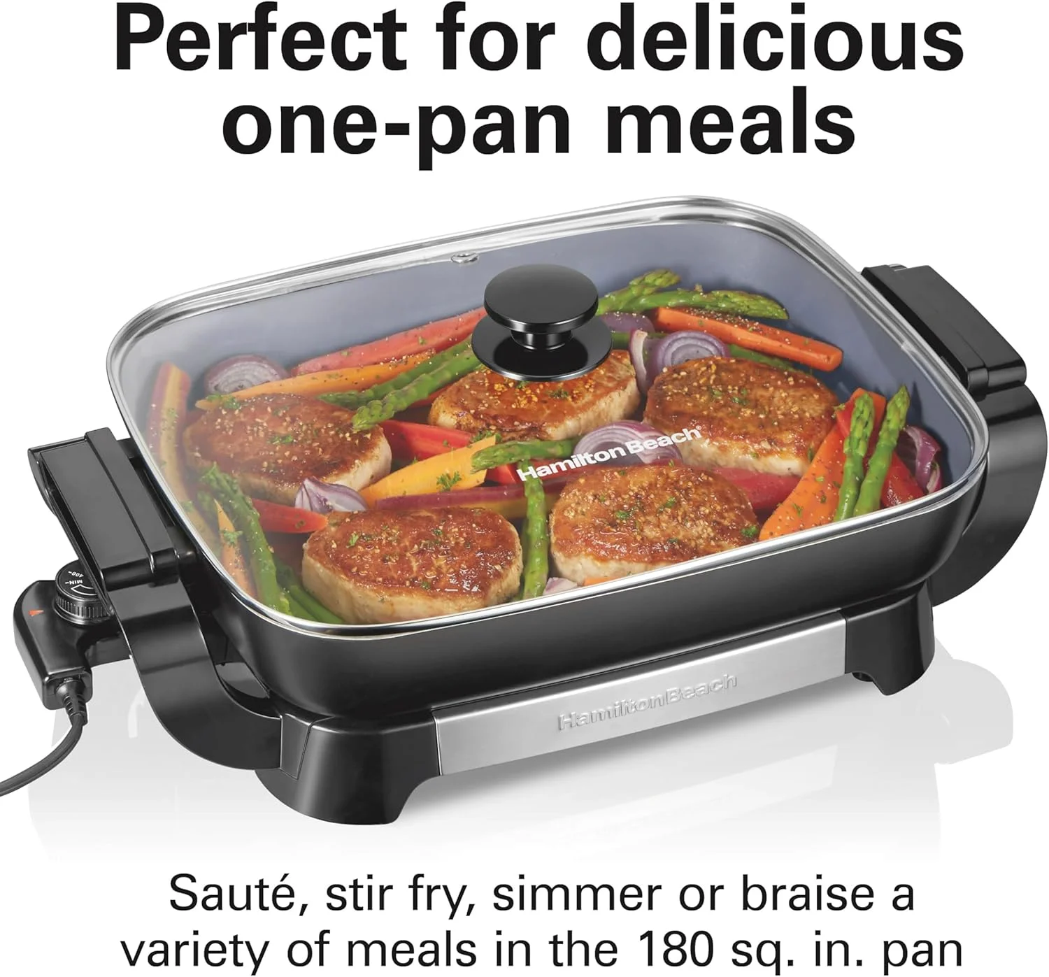 تابه برقی سرامیکی همیلتون بیچ Durathon با تابه جداشدنی 30x38 سانتی‌متری، دمای قابل تنظیم، طراحی دو طرفه و درب شیشه‌ای مقاوم (38531)