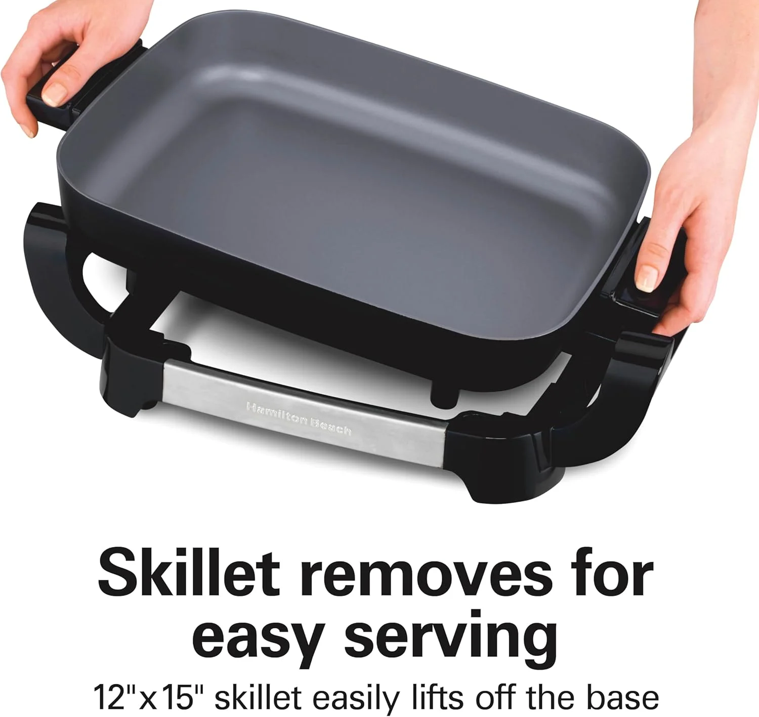 تابه برقی سرامیکی همیلتون بیچ Durathon با تابه جداشدنی 30x38 سانتی‌متری، دمای قابل تنظیم، طراحی دو طرفه و درب شیشه‌ای مقاوم (38531)