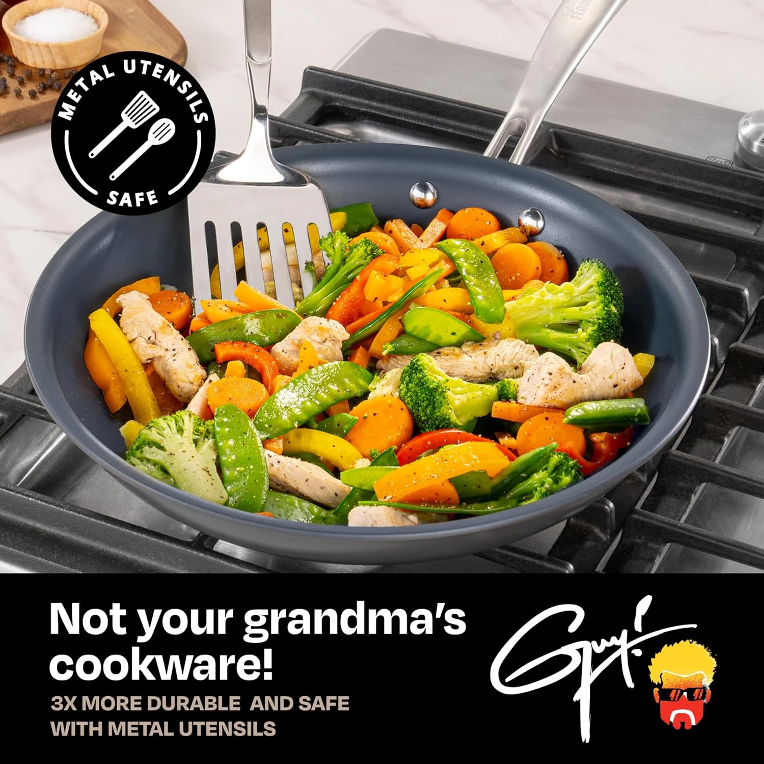 تابه سرخ کن ۱۰ اینچی لیزری تیتانیومی Flavortown گای فیری - ظروف نچسب ساخته شده بدون PFAS، PTFE یا PFOA، ۳ برابر بادوام تر، قابل شستشو در ماشین ظرفشویی، قابل استفاده در فر تابه سرخ کن ۱۰ اینچی لیزری تیتانیومی Flavortown گای فیری - ظروف نچسب ساخته شده بدون PFAS، PTFE یا PFOA، ۳ برابر بادوام تر، قابل شستشو در ماشین ظرفشویی، قابل استفاده در فر