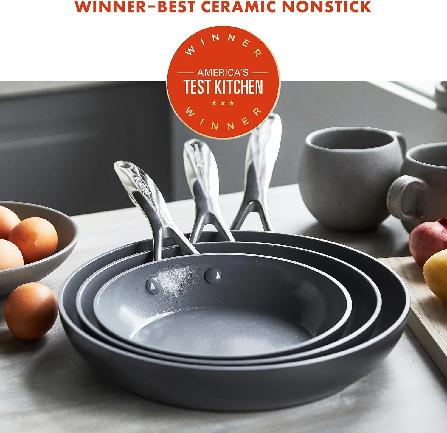 ست تابه نچسب سرامیکی سالم گرین پن والنسیا پرو با روکش آنودایز سخت، سایزهای 8، 9.5 و 11 اینچ، بدون PFAS، مناسب برای اجاق های القایی، قابل شستشو در ماشین ظرفشویی، ایمن برای استفاده در فر، خاکستری