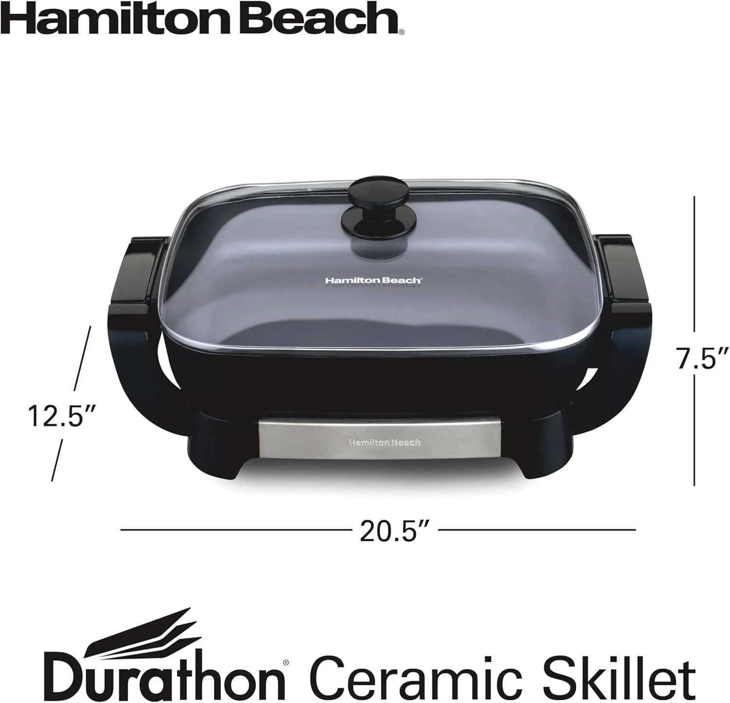 تابه برقی سرامیکی همیلتون بیچ Durathon با تابه جداشدنی 30x38 سانتی‌متری، دمای قابل تنظیم، طراحی دو طرفه و درب شیشه‌ای مقاوم (38531)