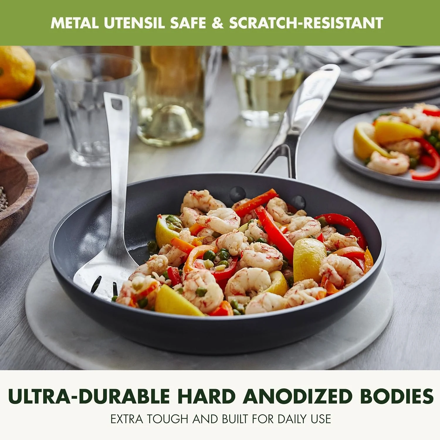 ست تابه نچسب سرامیکی سالم گرین پن والنسیا پرو با روکش آنودایز سخت، سایزهای 8، 9.5 و 11 اینچ، بدون PFAS، مناسب برای اجاق های القایی، قابل شستشو در ماشین ظرفشویی، ایمن برای استفاده در فر، خاکستری