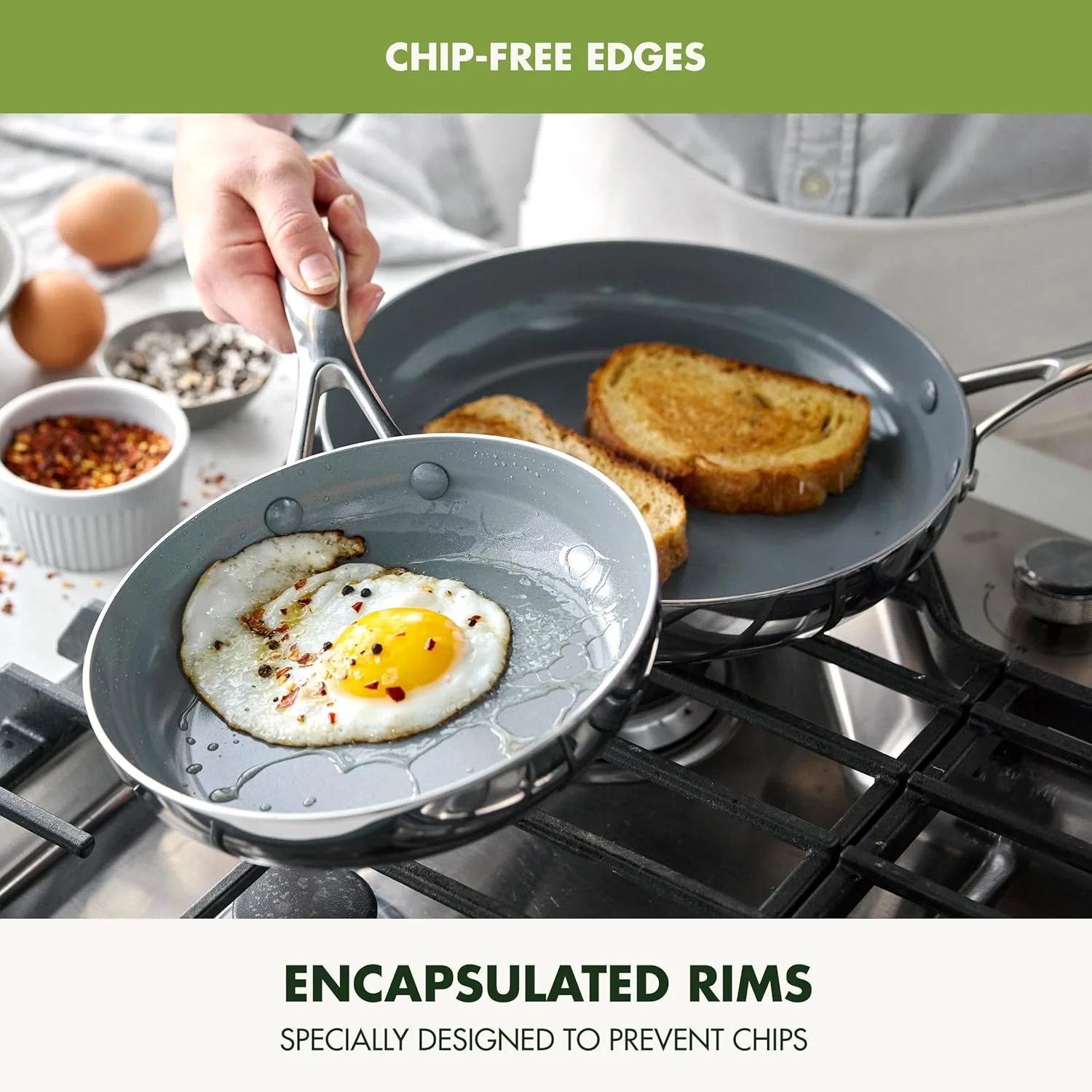 ست تابه استیل سه لایه GreenPan Valencia Pro شامل تابه های 8 و 10 اینچی، پوشش نچسب سرامیکی سالم و فاقد PFAS و PFOA، مناسب برای انواع اجاق گاز، قابل شستشو در ماشین ظرفشویی و استفاده در فر ست تابه استیل سه لایه GreenPan Valencia Pro شامل تابه های 8 و 10 اینچی، پوشش نچسب سرامیکی سالم و فاقد PFAS و PFOA، مناسب برای انواع اجاق گاز، قابل شستشو در ماشین ظرفشویی و استفاده در فر