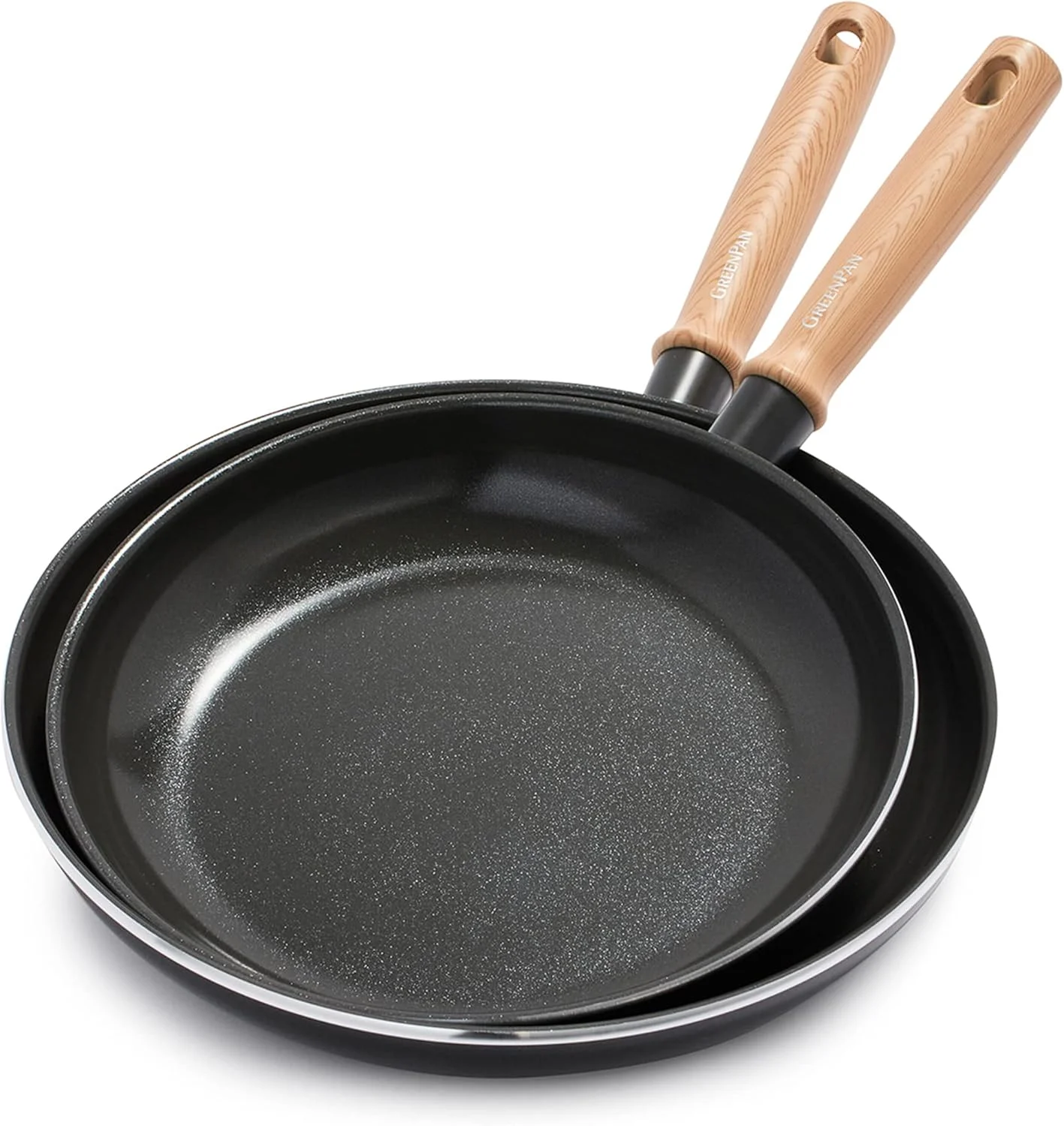 ست تابه نچسب سرامیکی سالم گرین پن مدل هادسون، سایز 9.5 و 11 اینچ، دسته با طرح چوب قدیمی، فاقد PFAS، قابل شستشو در ماشین ظرفشویی، مشکی