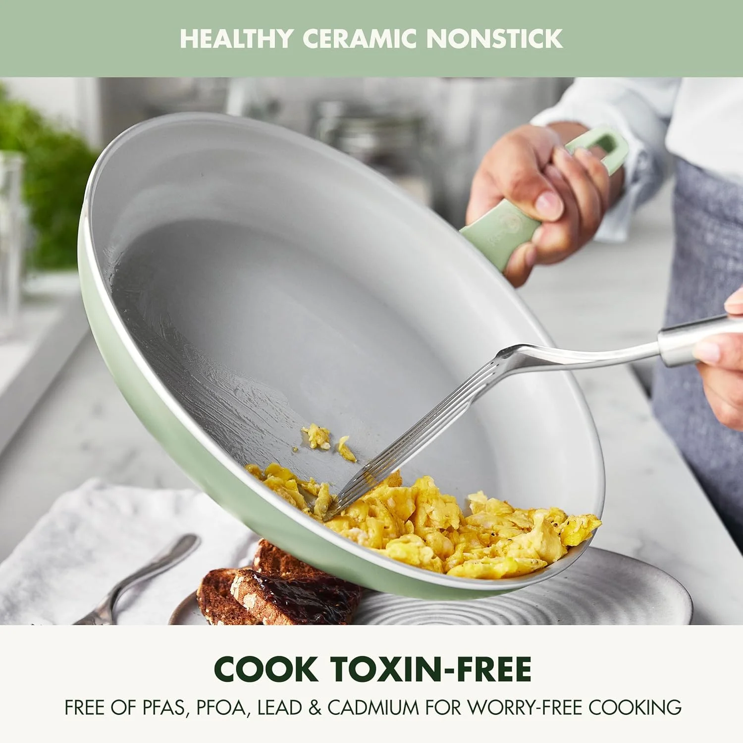 تابه سرخ کن 30 سانتی متری گرین پن Dover، پوشش نچسب سرامیکی غیر سمی و فاقد PFAS، مناسب برای سرخ کردن، تفت دادن، پخت تخم مرغ و املت، قابل شستشو در ماشین ظرفشویی و استفاده در فر، دسته خنک شونده، لبه های آسان ریز