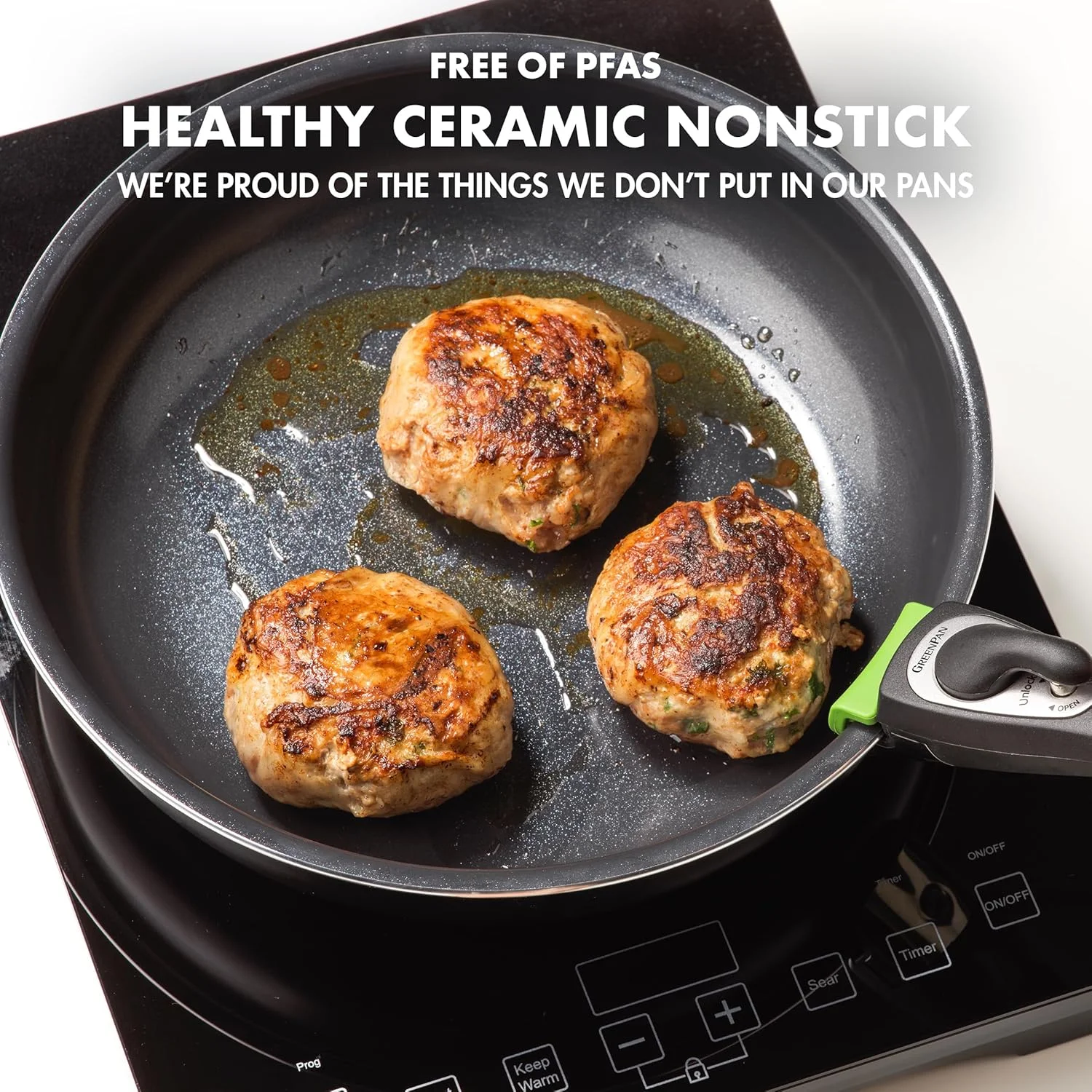 GreenPan Clip Series 10" Frying Pan Skillet with Detachable Handle, Aluminum, Healthy Ceramic Nonstick Coating, Induction, Dishwasher Safe, PFAS-Free, Black GreenPan Clip Series 10" Frying Pan Skillet with Detachable Handle, Aluminum, Healthy Ceramic Nonstick Coating, Induction, Dishwasher Safe, PFAS-Free, Black