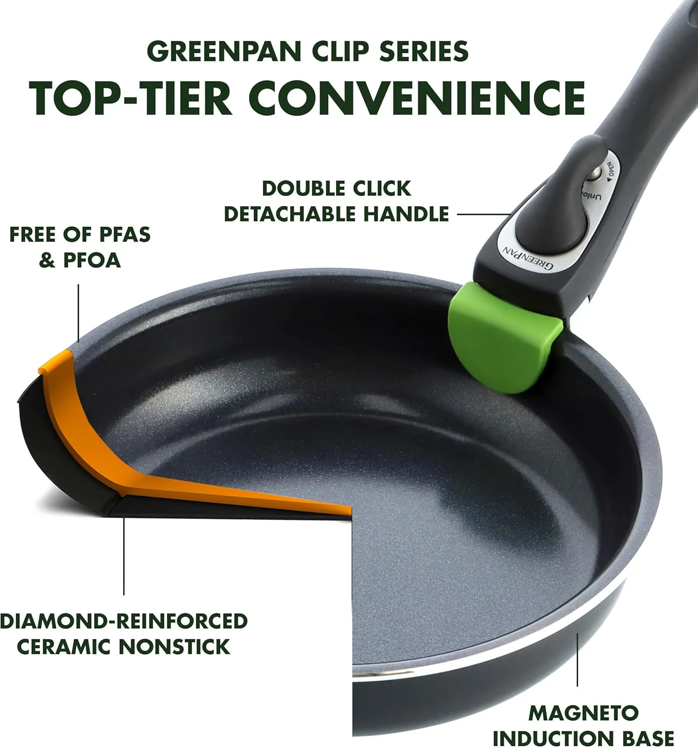 GreenPan Clip Series 10" Frying Pan Skillet with Detachable Handle, Aluminum, Healthy Ceramic Nonstick Coating, Induction, Dishwasher Safe, PFAS-Free, Black GreenPan Clip Series 10" Frying Pan Skillet with Detachable Handle, Aluminum, Healthy Ceramic Nonstick Coating, Induction, Dishwasher Safe, PFAS-Free, Black
