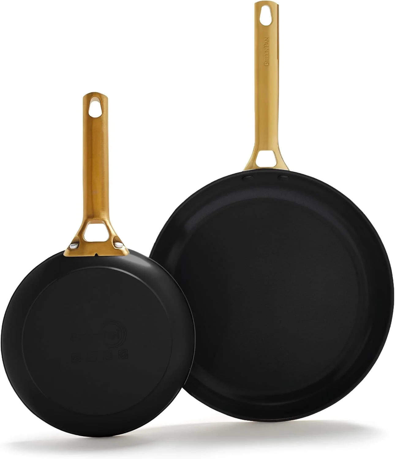 ست تابه نچسب سرامیکی سالم گرین پن با روکش سخت آنودایز شده، دسته طلایی، فاقد PFAS، قابل شستشو در ماشین ظرفشویی، قابل استفاده در فر، سایز 8 و 10 اینچ، مشکی