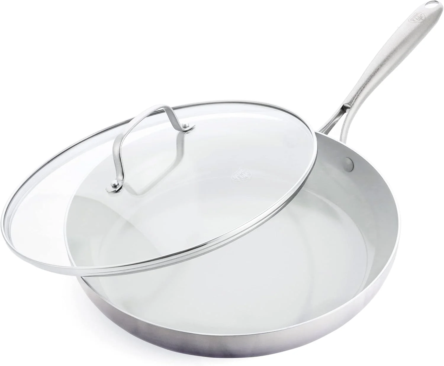 تابه استیل سه لایه نچسب سرامیکی سالم گرین لایف، تابه 12 اینچی با درب، بدون PFAS، چند لایه، مناسب اجاق القایی، قابل شستشو در ماشین ظرفشویی، قابل استفاده در فر، نقره ای