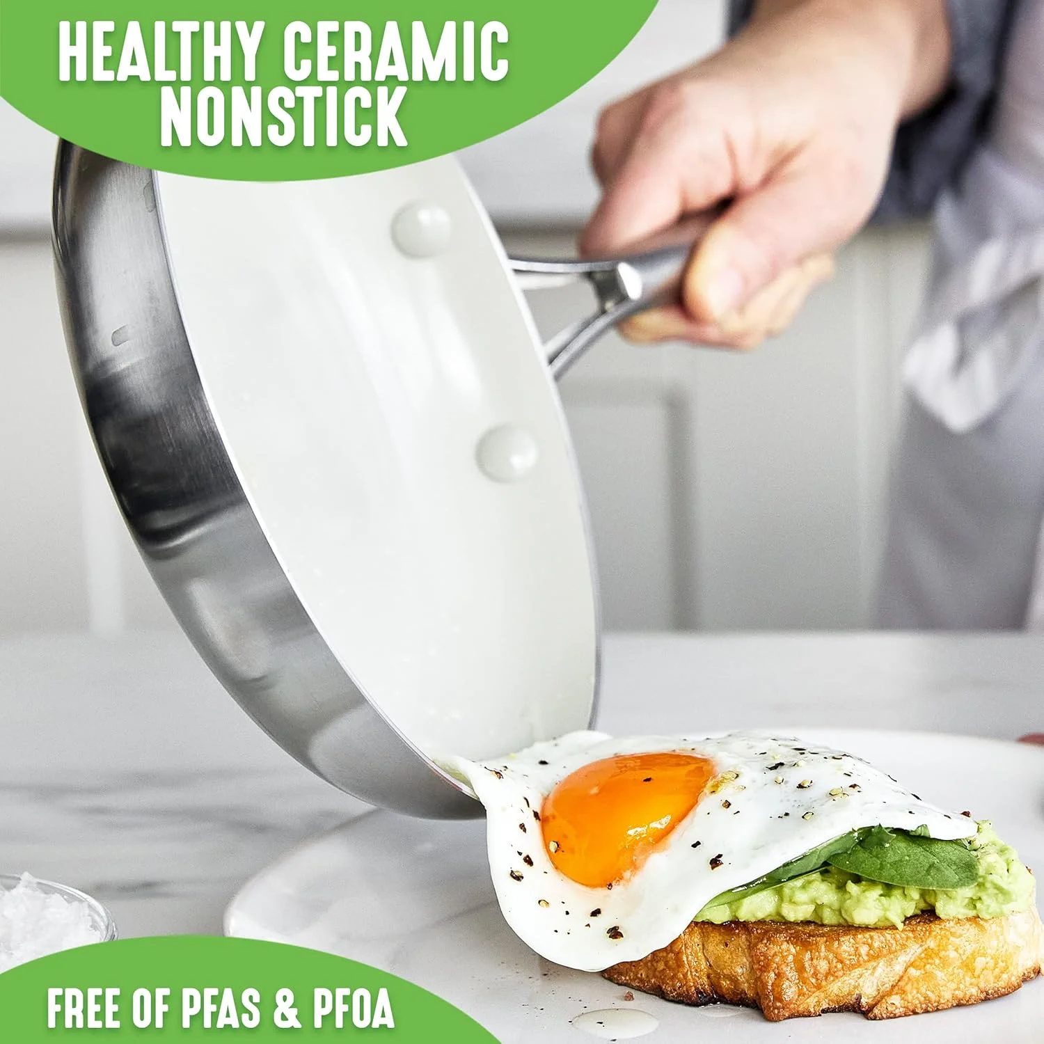 تابه استیل سه لایه نچسب سرامیکی سالم گرین لایف، تابه 12 اینچی با درب، بدون PFAS، چند لایه، مناسب اجاق القایی، قابل شستشو در ماشین ظرفشویی، قابل استفاده در فر، نقره ای