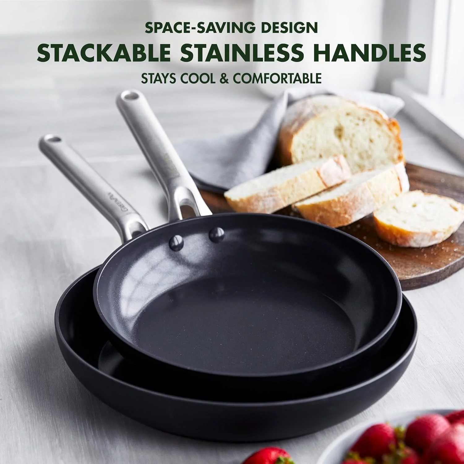 تابه سرخ کن 28 سانتی متری گرین پن امگا با پوشش نچسب سرامیکی سالم و بدنه آنودایز سخت، بدون PFAS، مناسب برای اجاق های القایی، قابل شستشو در ماشین ظرفشویی، قابل استفاده در فر، مشکی