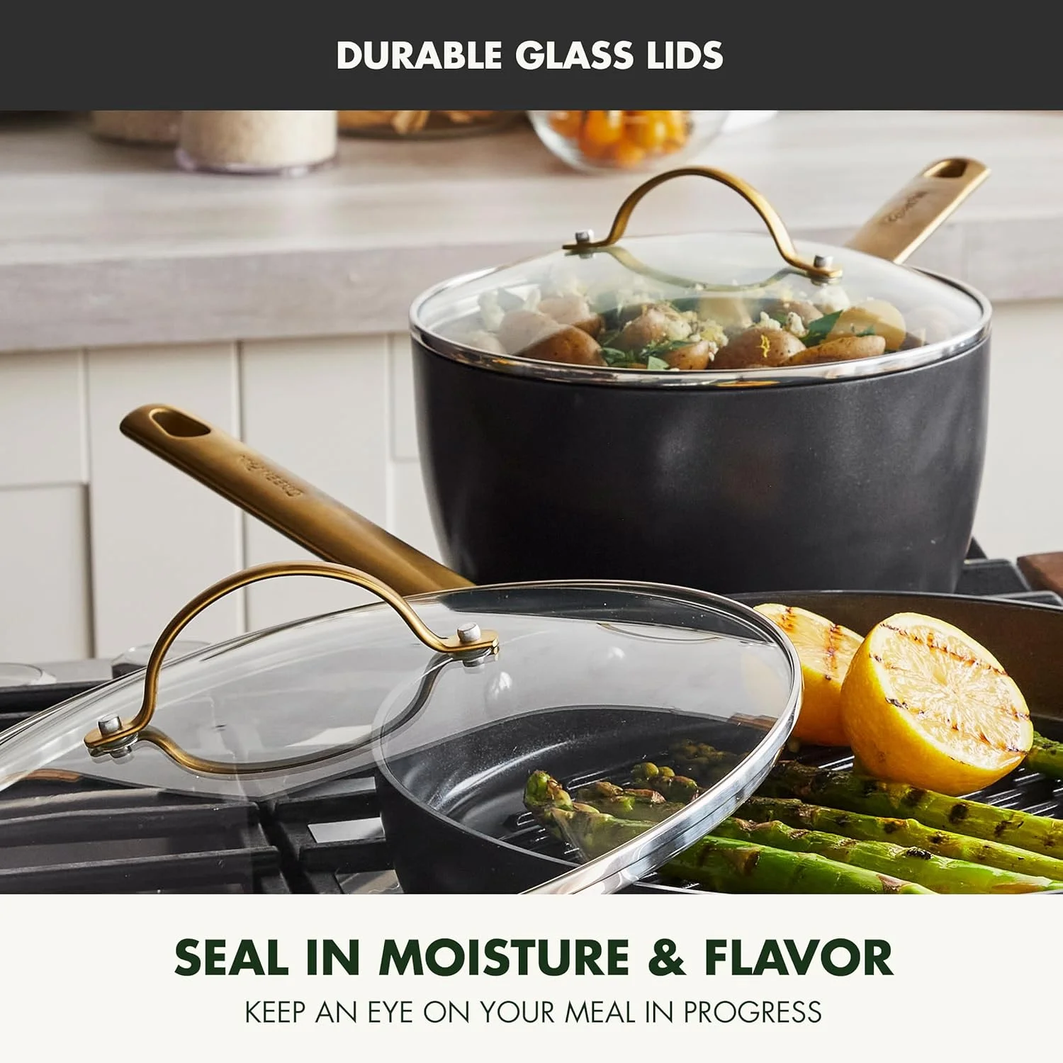 ست تابه نچسب سرامیکی سالم گرین پن با روکش سخت آنودایز شده، دسته طلایی، فاقد PFAS، قابل شستشو در ماشین ظرفشویی، قابل استفاده در فر، سایز 8 و 10 اینچ، مشکی ست تابه نچسب سرامیکی سالم گرین پن با روکش سخت آنودایز شده، دسته طلایی، فاقد PFAS، قابل شستشو در ماشین ظرفشویی، قابل استفاده در فر، سایز 8 و 10 اینچ، مشکی