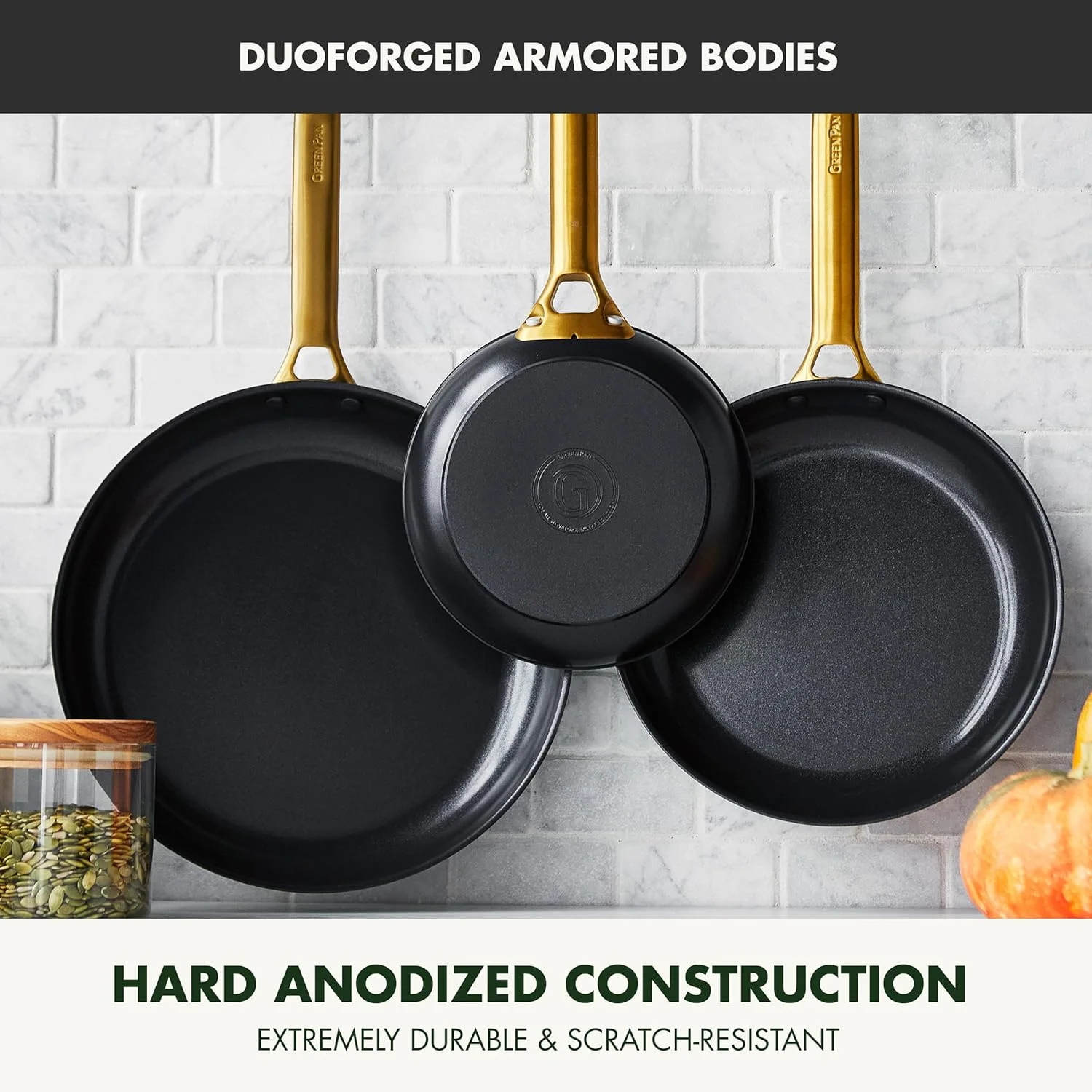 ست تابه نچسب سرامیکی سخت آنودایز شده GreenPan Reserve، سایزهای 8، 10 و 12 اینچ، دسته طلایی، بدون PFAS، قابل شستشو در ماشین ظرفشویی، قابل استفاده در فر، مشکی ست تابه نچسب سرامیکی سخت آنودایز شده GreenPan Reserve، سایزهای 8، 10 و 12 اینچ، دسته طلایی، بدون PFAS، قابل شستشو در ماشین ظرفشویی، قابل استفاده در فر، مشکی