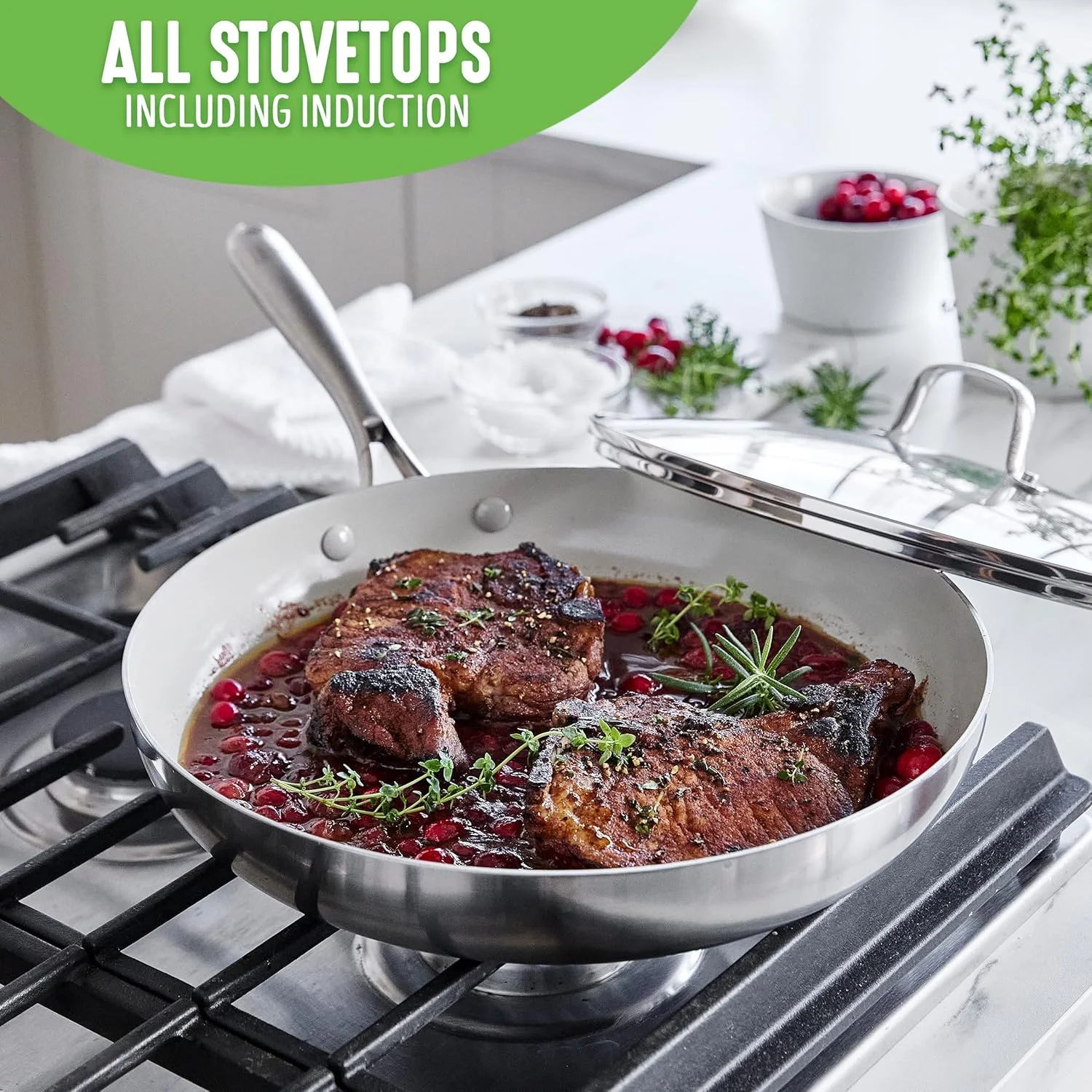 تابه استیل سه لایه نچسب سرامیکی سالم گرین لایف، تابه 12 اینچی با درب، بدون PFAS، چند لایه، مناسب اجاق القایی، قابل شستشو در ماشین ظرفشویی، قابل استفاده در فر، نقره ای