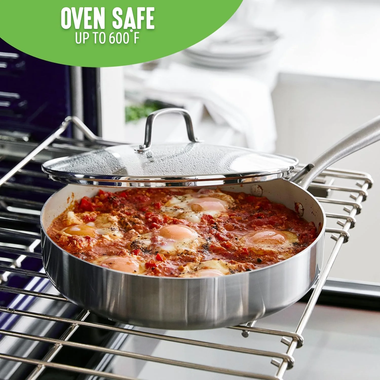 تابه استیل سه لایه نچسب سرامیکی سالم گرین لایف، تابه 12 اینچی با درب، بدون PFAS، چند لایه، مناسب اجاق القایی، قابل شستشو در ماشین ظرفشویی، قابل استفاده در فر، نقره ای