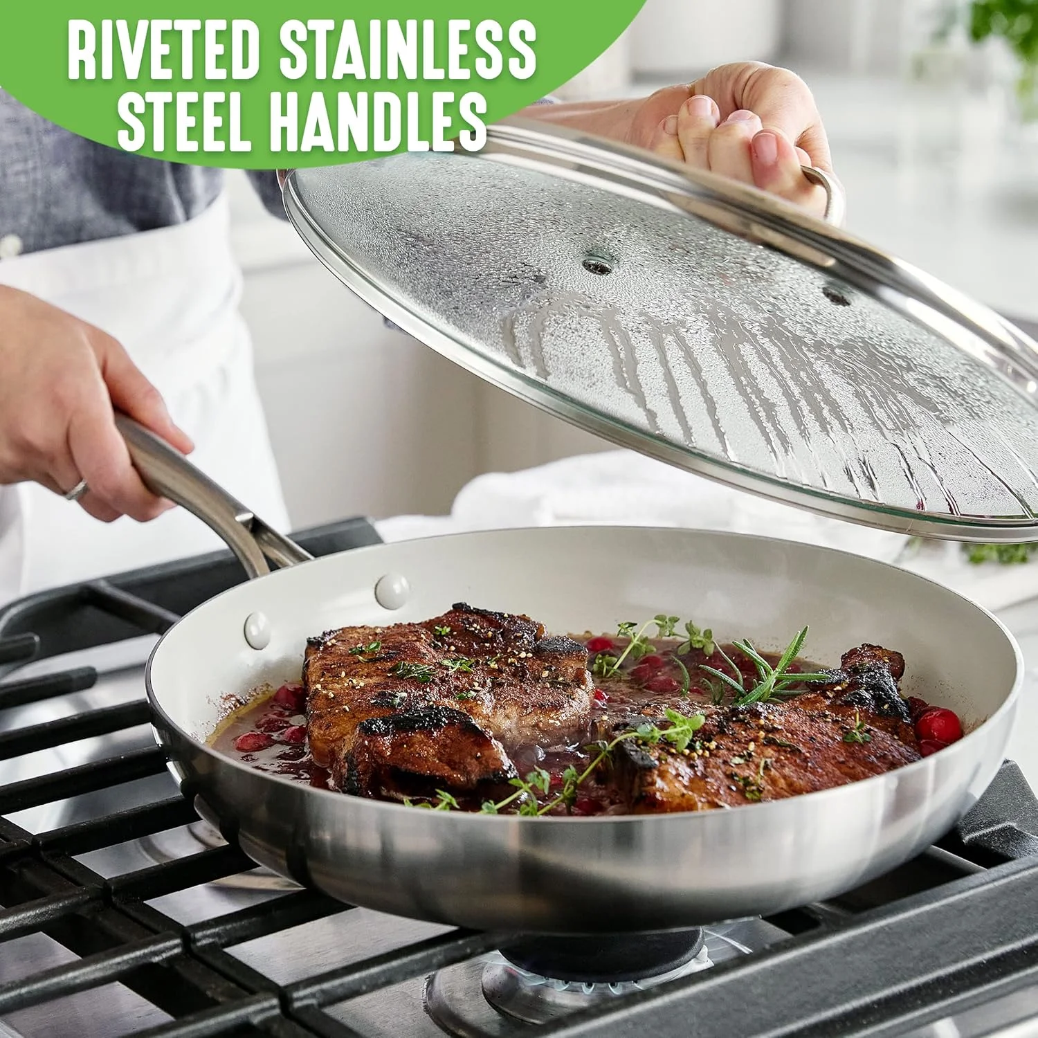 تابه استیل سه لایه نچسب سرامیکی سالم گرین لایف، تابه 12 اینچی با درب، بدون PFAS، چند لایه، مناسب اجاق القایی، قابل شستشو در ماشین ظرفشویی، قابل استفاده در فر، نقره ای