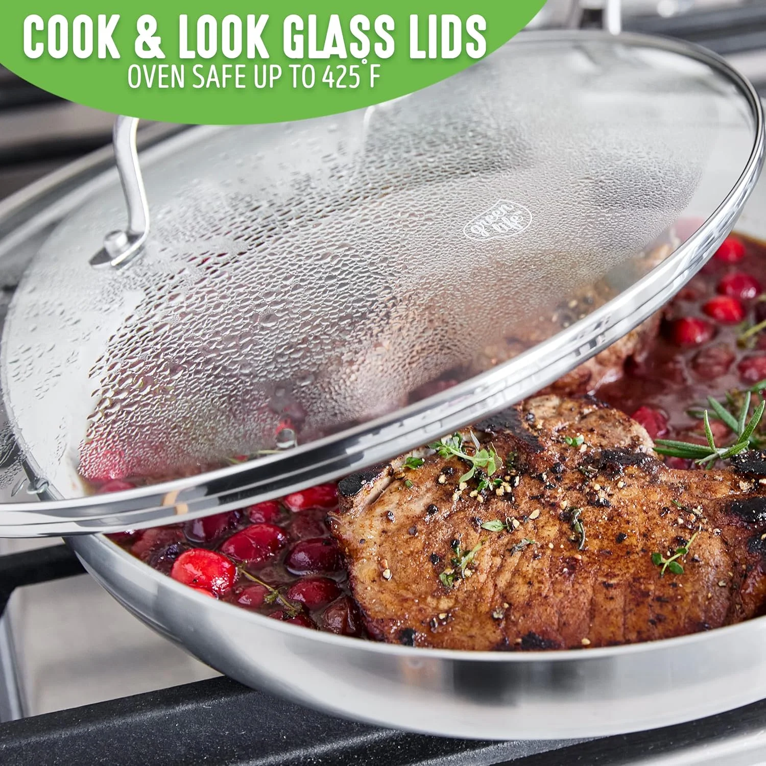 تابه استیل سه لایه نچسب سرامیکی سالم گرین لایف، تابه 12 اینچی با درب، بدون PFAS، چند لایه، مناسب اجاق القایی، قابل شستشو در ماشین ظرفشویی، قابل استفاده در فر، نقره ای