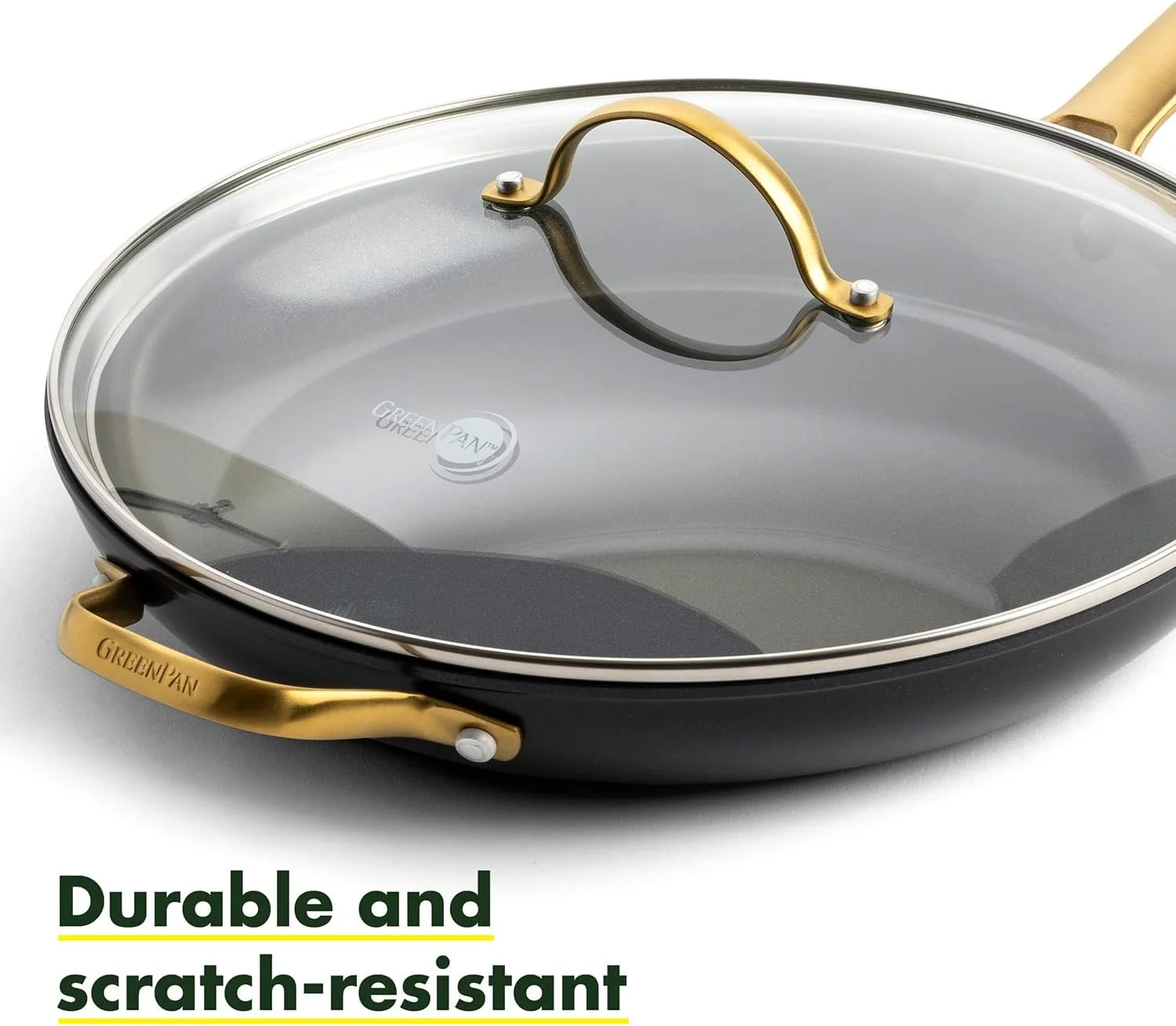 تابه سرخ کن 30 سانتی متری نچسب سرامیکی سخت آنودایز شده گرین پن رزرو با دسته کمکی و درب، دسته طلایی، فاقد PFAS، قابل شستشو در ماشین ظرفشویی، قابل استفاده در فر، مشکی