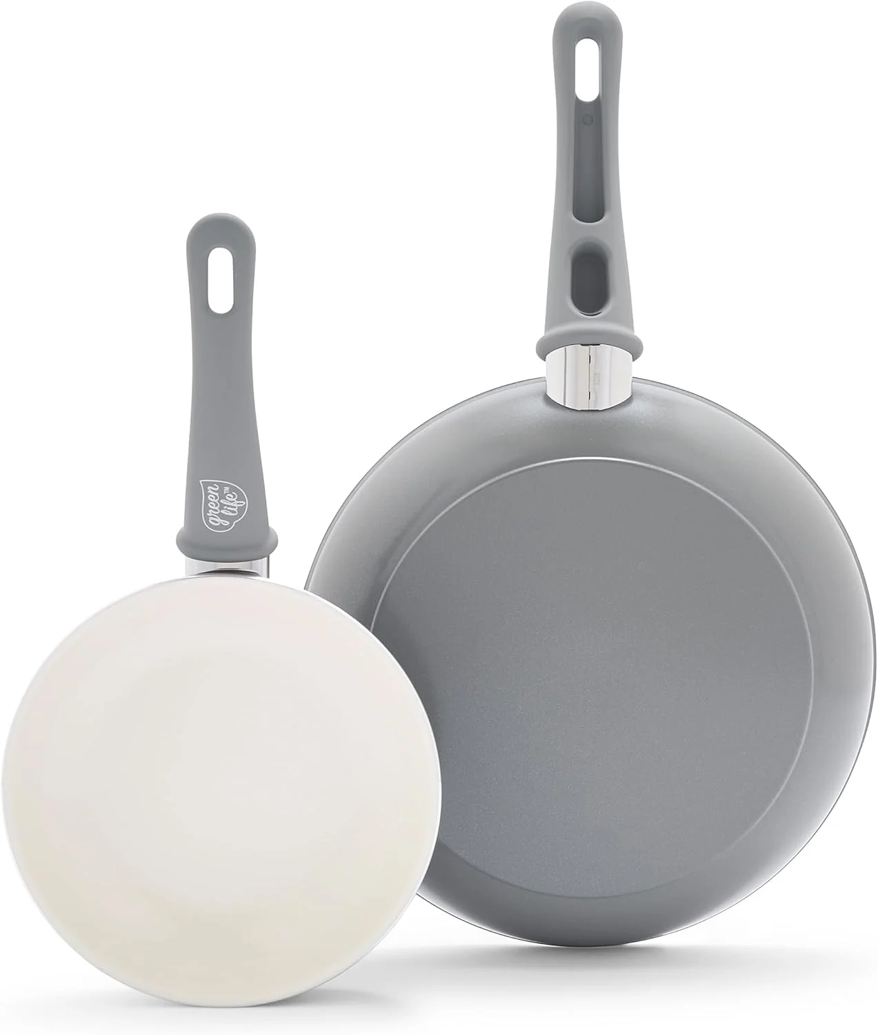 GreenLife Soft Grip Healthy Ceramic Nonstick 7" and 10" Frying Pan Skillet Set, PFAS-Free, Dishwasher Safe, Gray