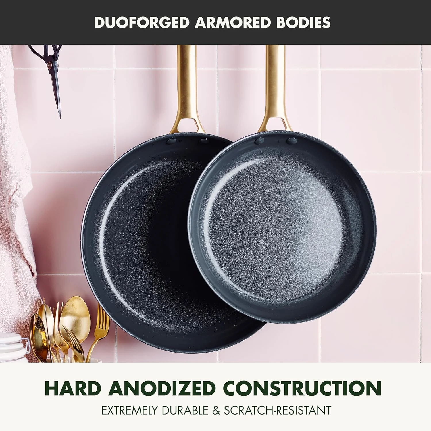 ست تابه سرخ کردنی 10 و 12 اینچی گرین پن مدل Reserve با روکش سرامیکی نچسب و بدنه آنودایز سخت، دسته طلایی، فاقد PFAS، قابل شستشو در ماشین ظرفشویی، قابل استفاده در فر، مشکی