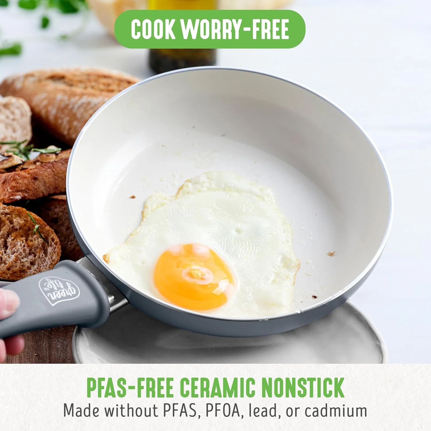 GreenLife Soft Grip Healthy Ceramic Nonstick 7" and 10" Frying Pan Skillet Set, PFAS-Free, Dishwasher Safe, Gray
