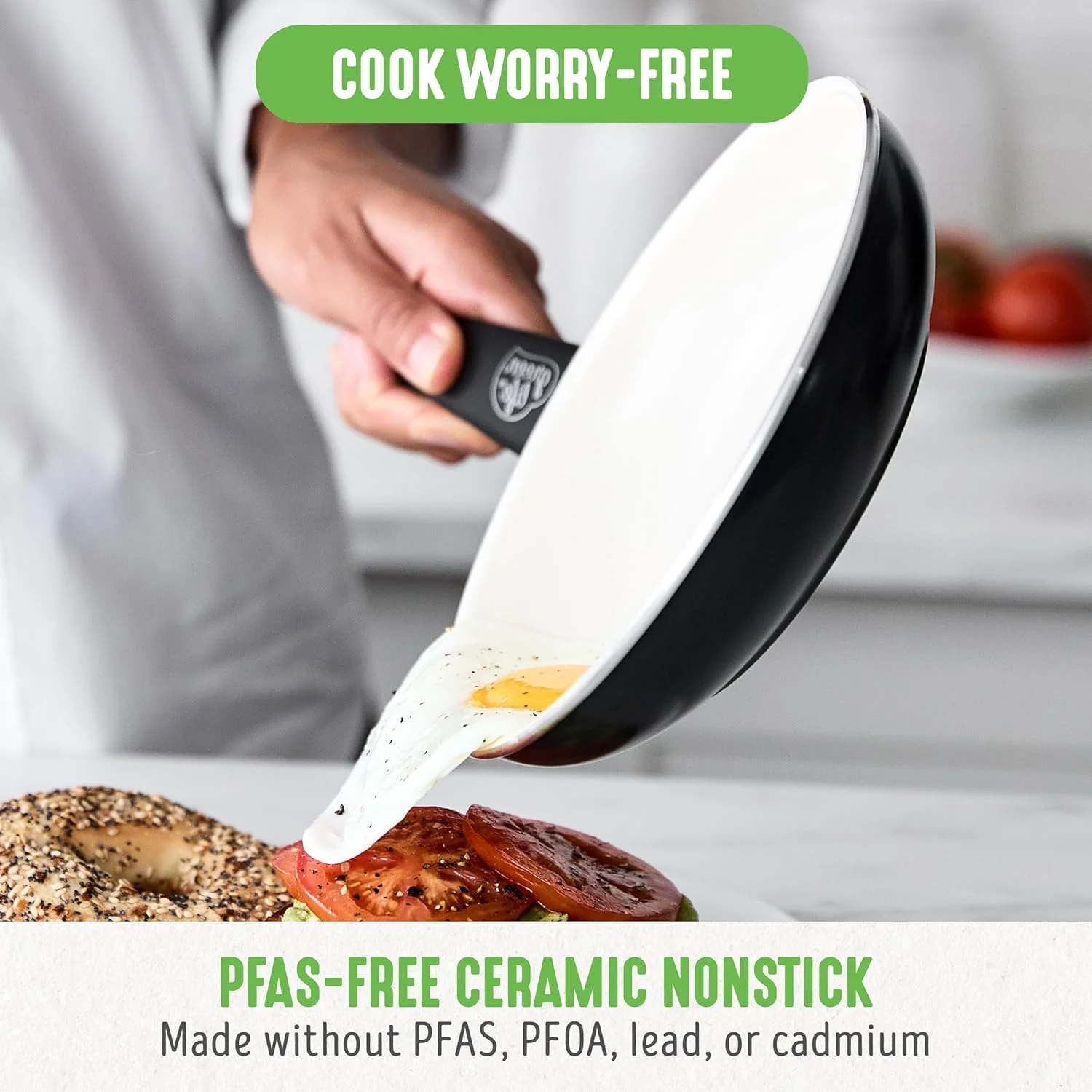 GreenLife Soft Grip Healthy Ceramic Nonstick, 7" and 10" Frying Pan Skillet Set, PFAS-Free, Dishwasher Safe, Black and Cream