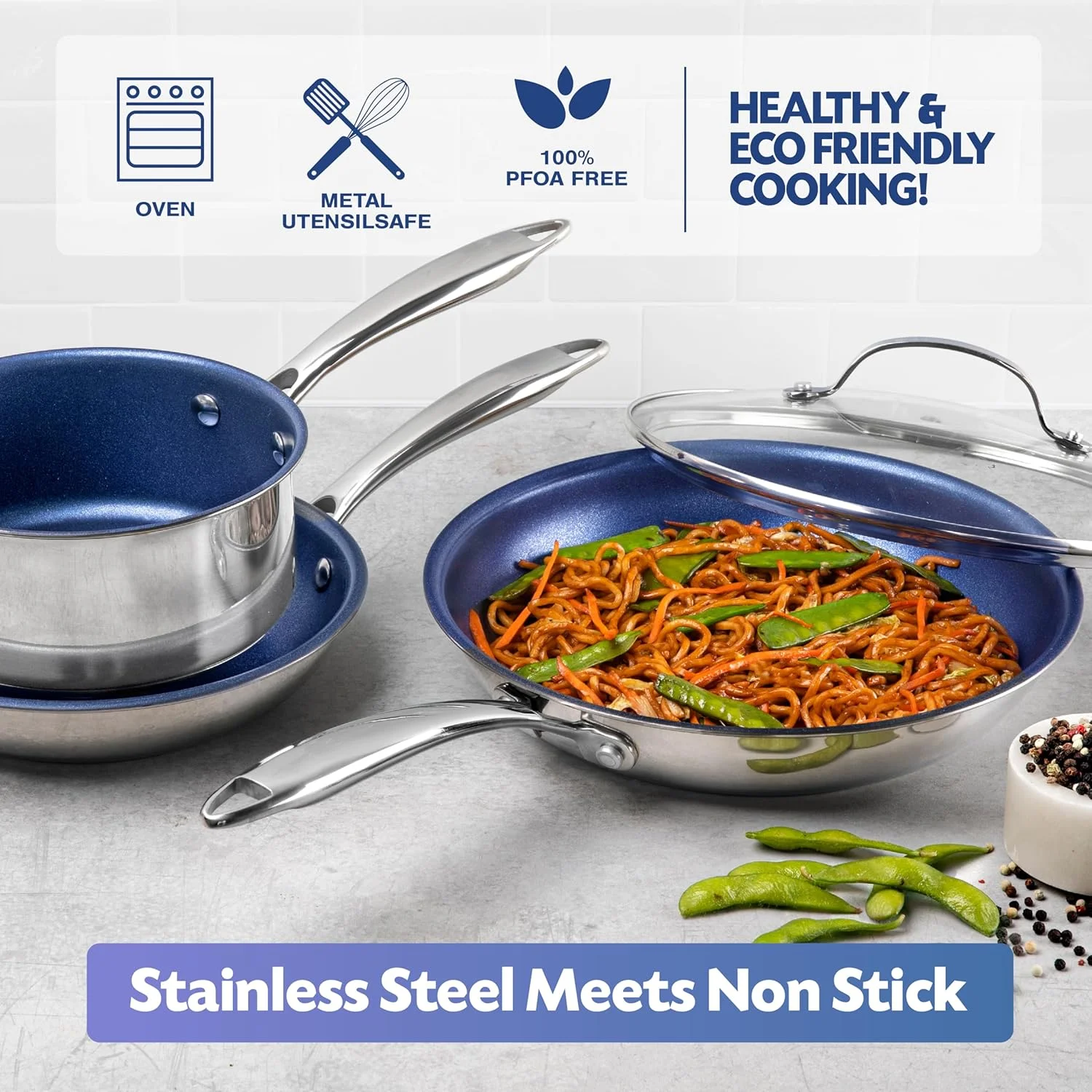 ست تابه نچسب استیل گرانیت استون، پایه سه لایه، تابه های استیل 10 و 11 اینچی با پوشش معدنی نچسب، 100% فاقد PFOA، دسته های خنک، قابل استفاده در اجاق القایی، فر و ماشین ظرفشویی ست تابه نچسب استیل گرانیت استون، پایه سه لایه، تابه های استیل 10 و 11 اینچی با پوشش معدنی نچسب، 100% فاقد PFOA، دسته های خنک، قابل استفاده در اجاق القایی، فر و ماشین ظرفشویی