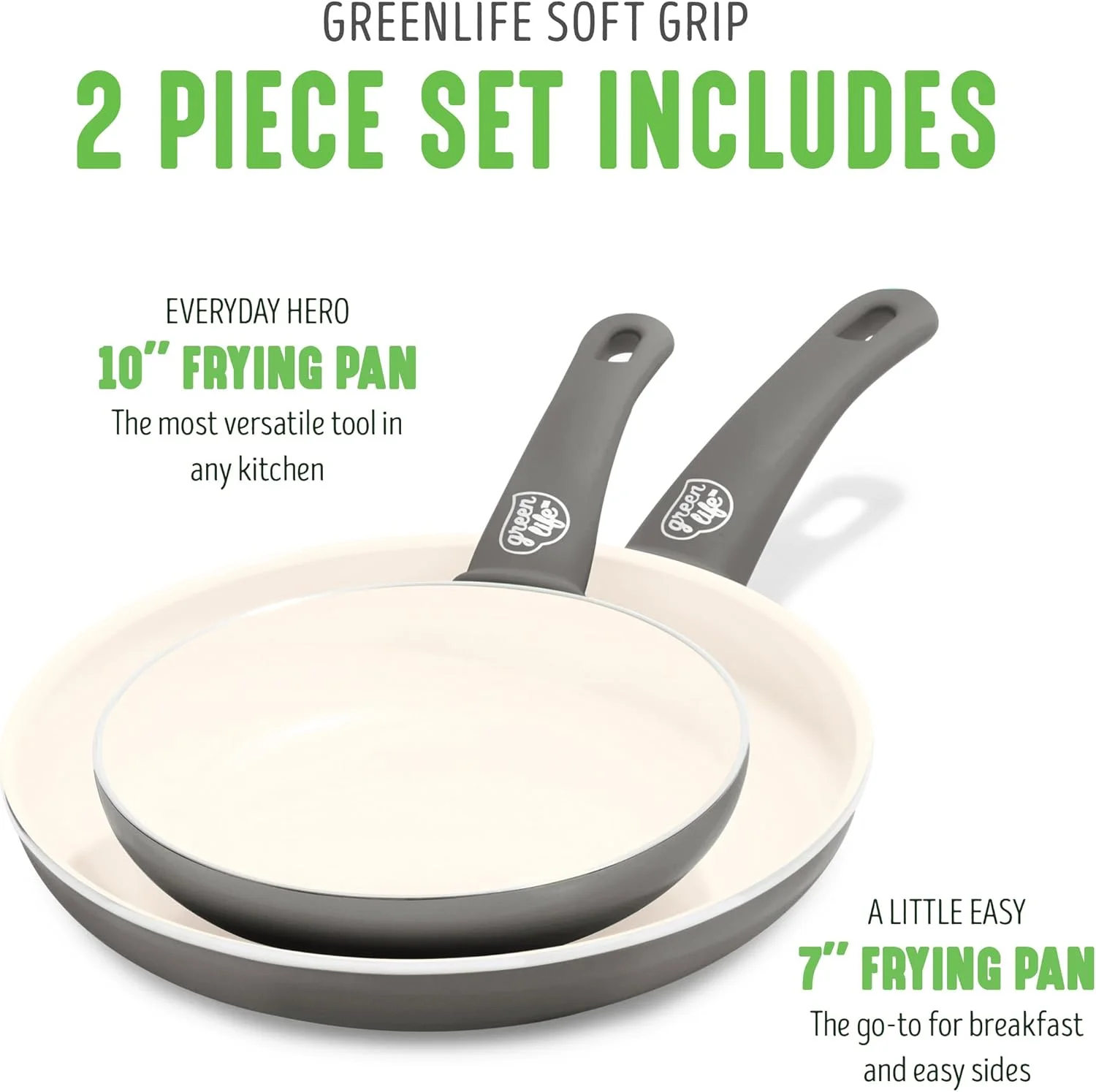 GreenLife Soft Grip Healthy Ceramic Nonstick 7" and 10" Frying Pan Skillet Set, PFAS-Free, Dishwasher Safe, Gray