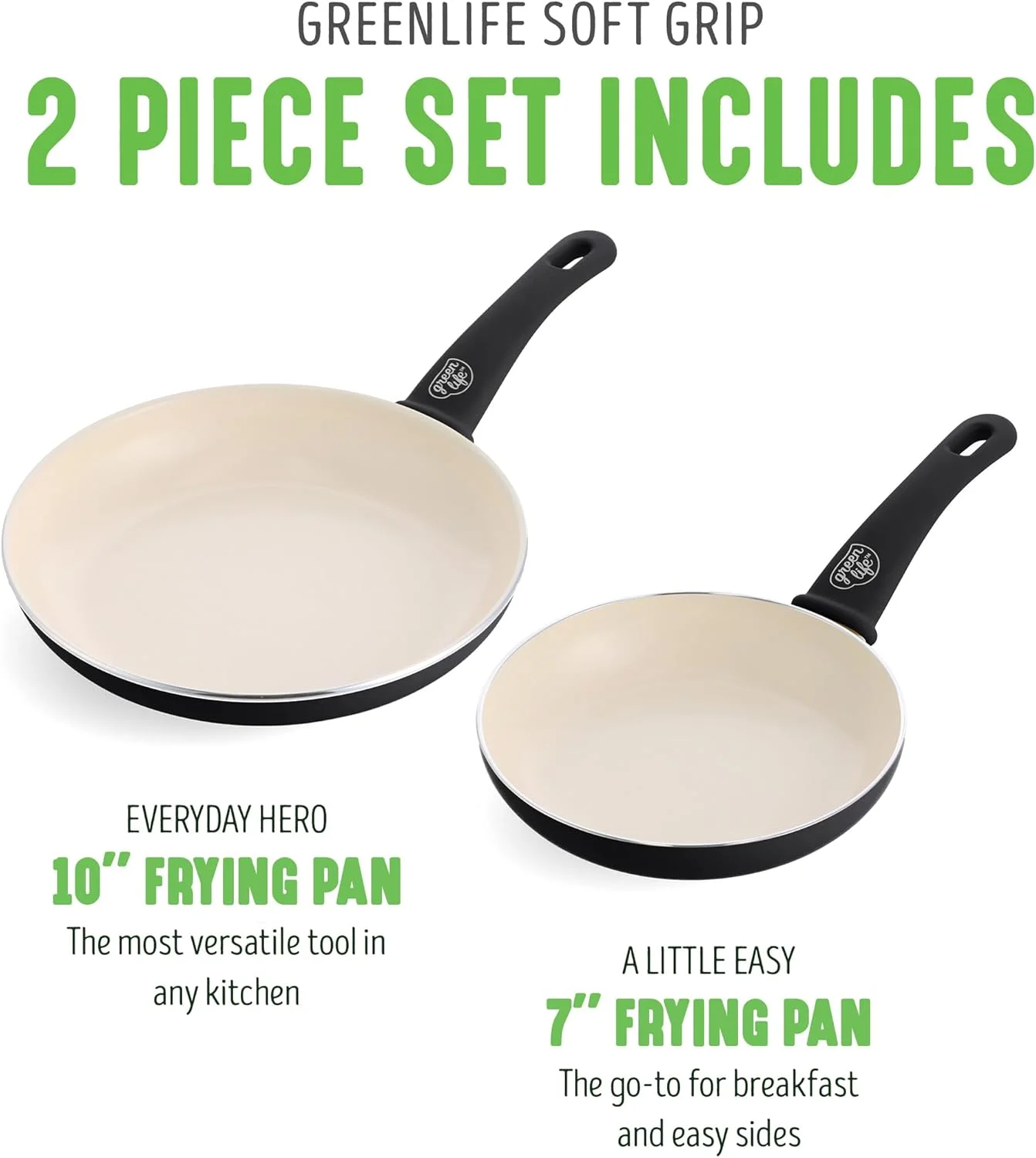 GreenLife Soft Grip Healthy Ceramic Nonstick, 7" and 10" Frying Pan Skillet Set, PFAS-Free, Dishwasher Safe, Black and Cream