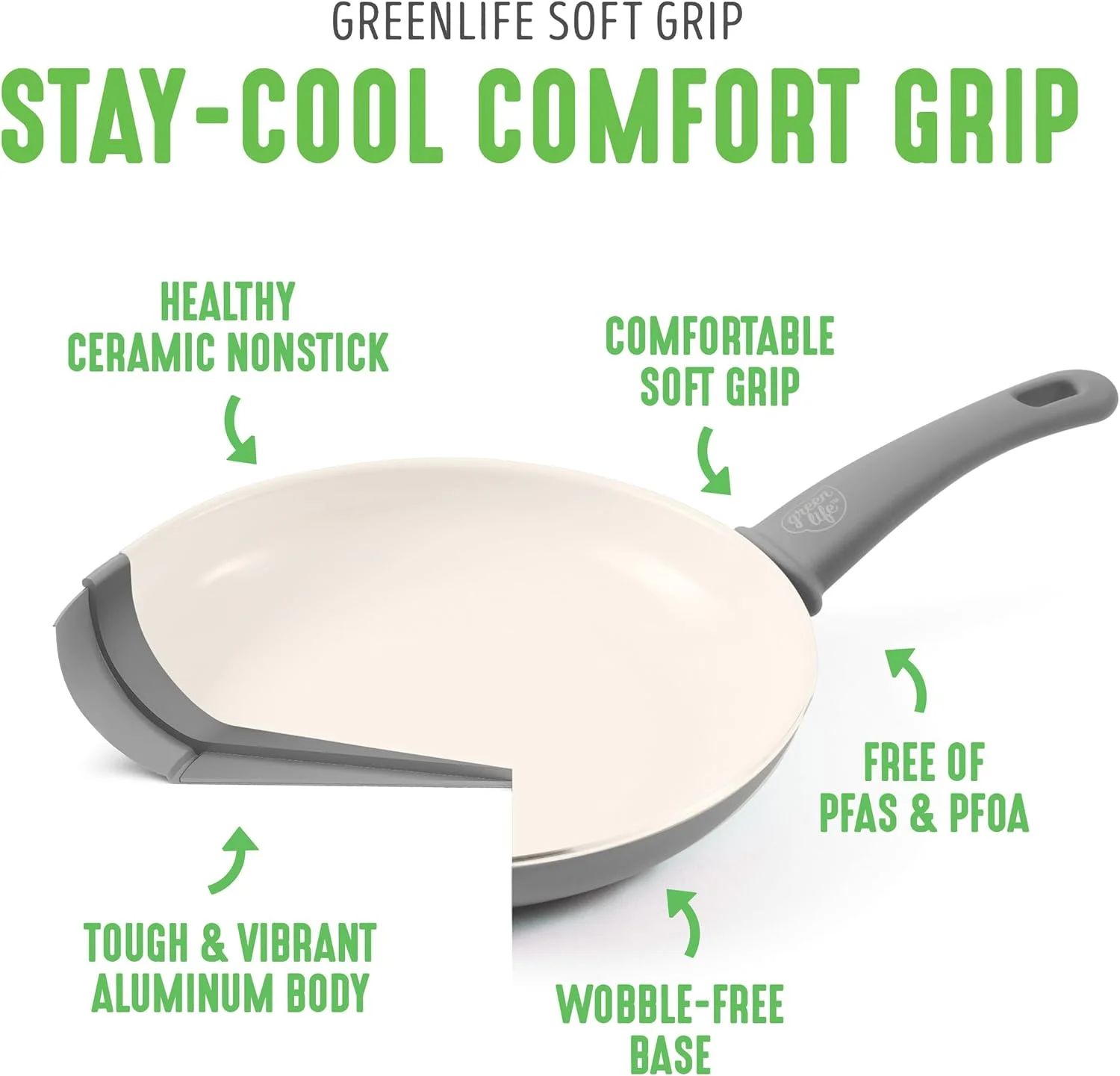 GreenLife Soft Grip Healthy Ceramic Nonstick 7" and 10" Frying Pan Skillet Set, PFAS-Free, Dishwasher Safe, Gray