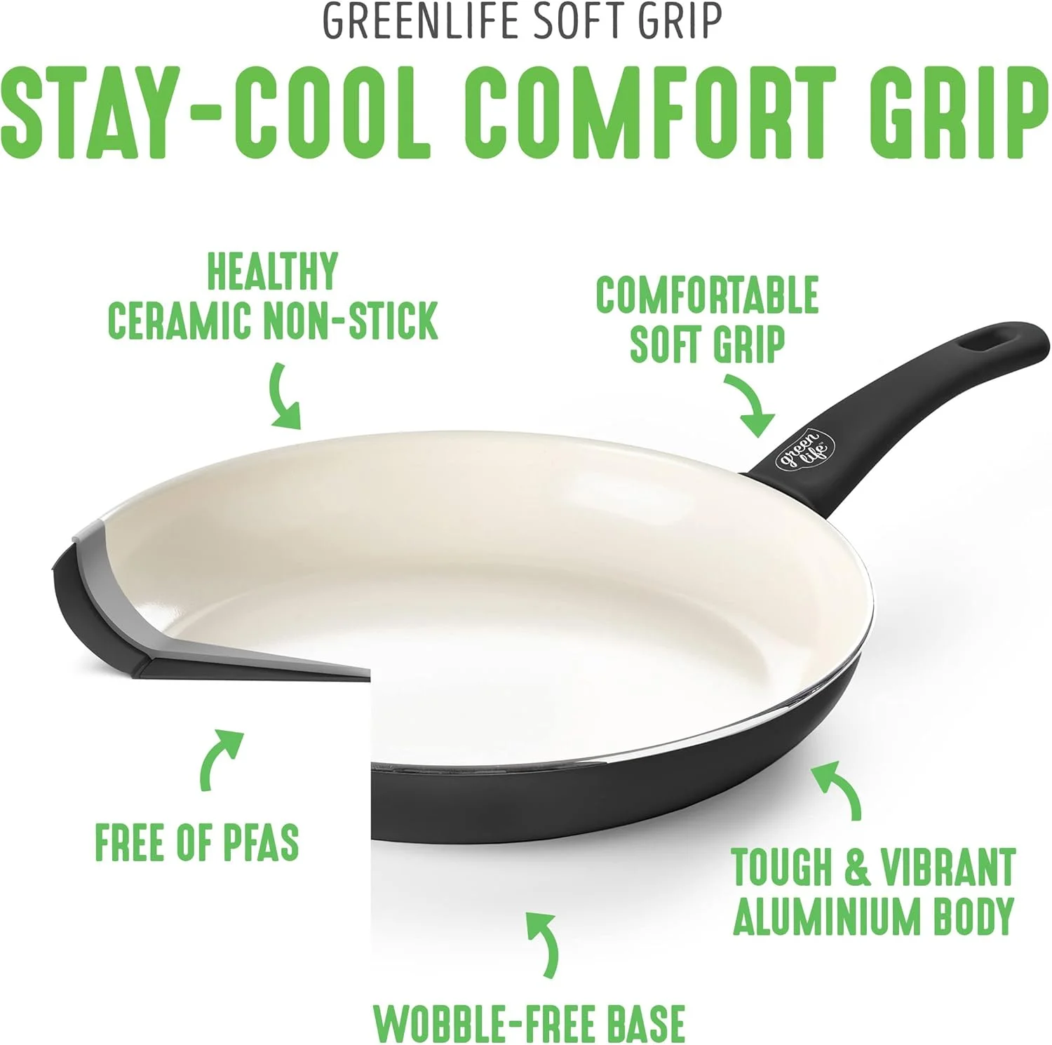 GreenLife Soft Grip Healthy Ceramic Nonstick, 7" and 10" Frying Pan Skillet Set, PFAS-Free, Dishwasher Safe, Black and Cream