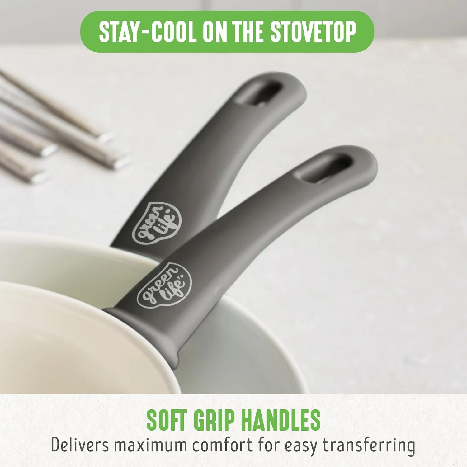 GreenLife Soft Grip Healthy Ceramic Nonstick 7" and 10" Frying Pan Skillet Set, PFAS-Free, Dishwasher Safe, Gray