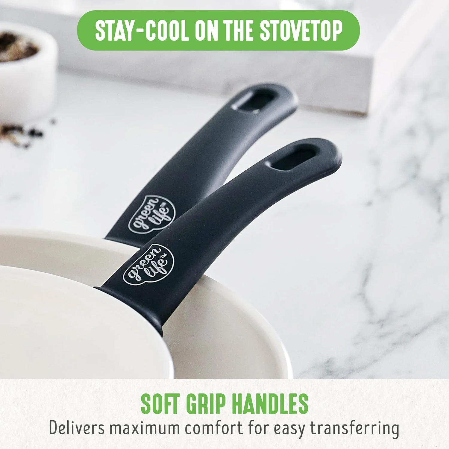 GreenLife Soft Grip Healthy Ceramic Nonstick, 7" and 10" Frying Pan Skillet Set, PFAS-Free, Dishwasher Safe, Black and Cream