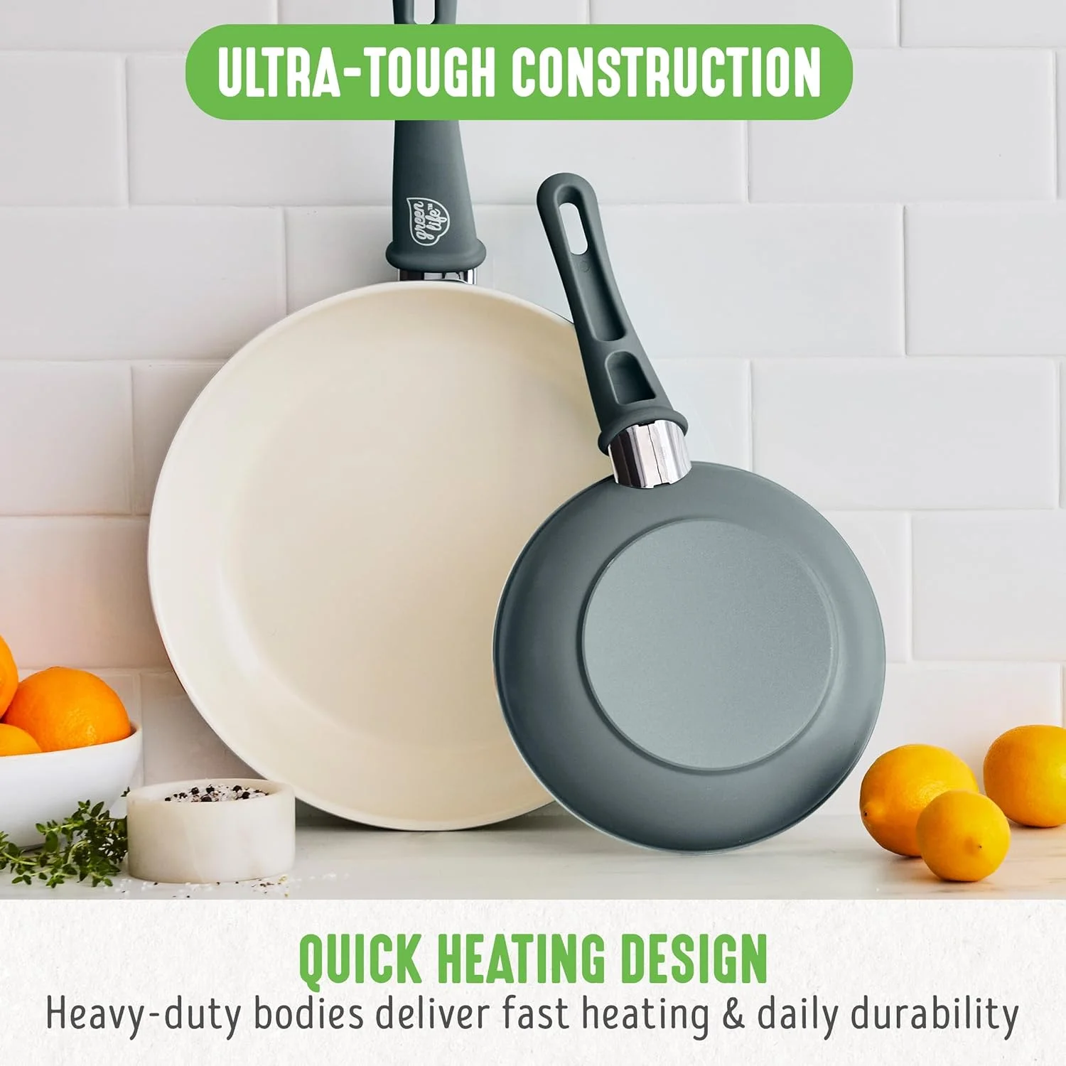 GreenLife Soft Grip Healthy Ceramic Nonstick 7" and 10" Frying Pan Skillet Set, PFAS-Free, Dishwasher Safe, Gray