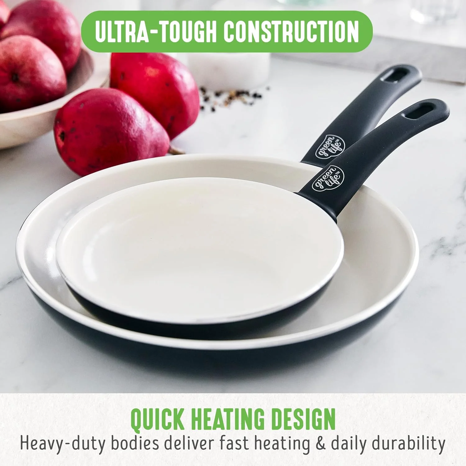 GreenLife Soft Grip Healthy Ceramic Nonstick, 7" and 10" Frying Pan Skillet Set, PFAS-Free, Dishwasher Safe, Black and Cream