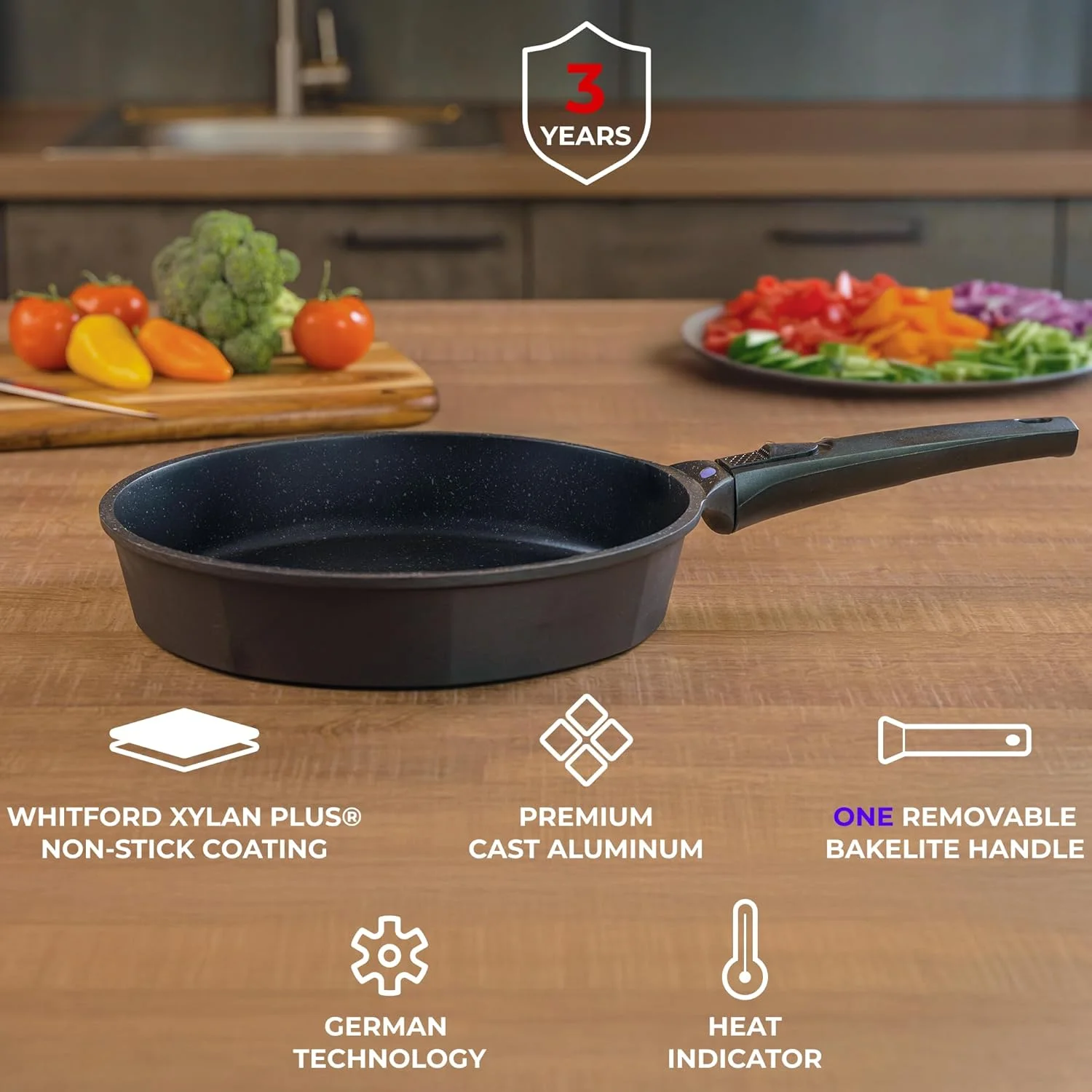 ست 3 تایی تابه نچسب جیپفل اینترنشنال در سایزهای 8، 10 و 12 اینچ - تابه آلومینیوم دایکاست با دسته جداشدنی - تابه نچسب مناسب پخت و پز سالم، سازگار با اجاق گازهای القایی، فاقد PFOA