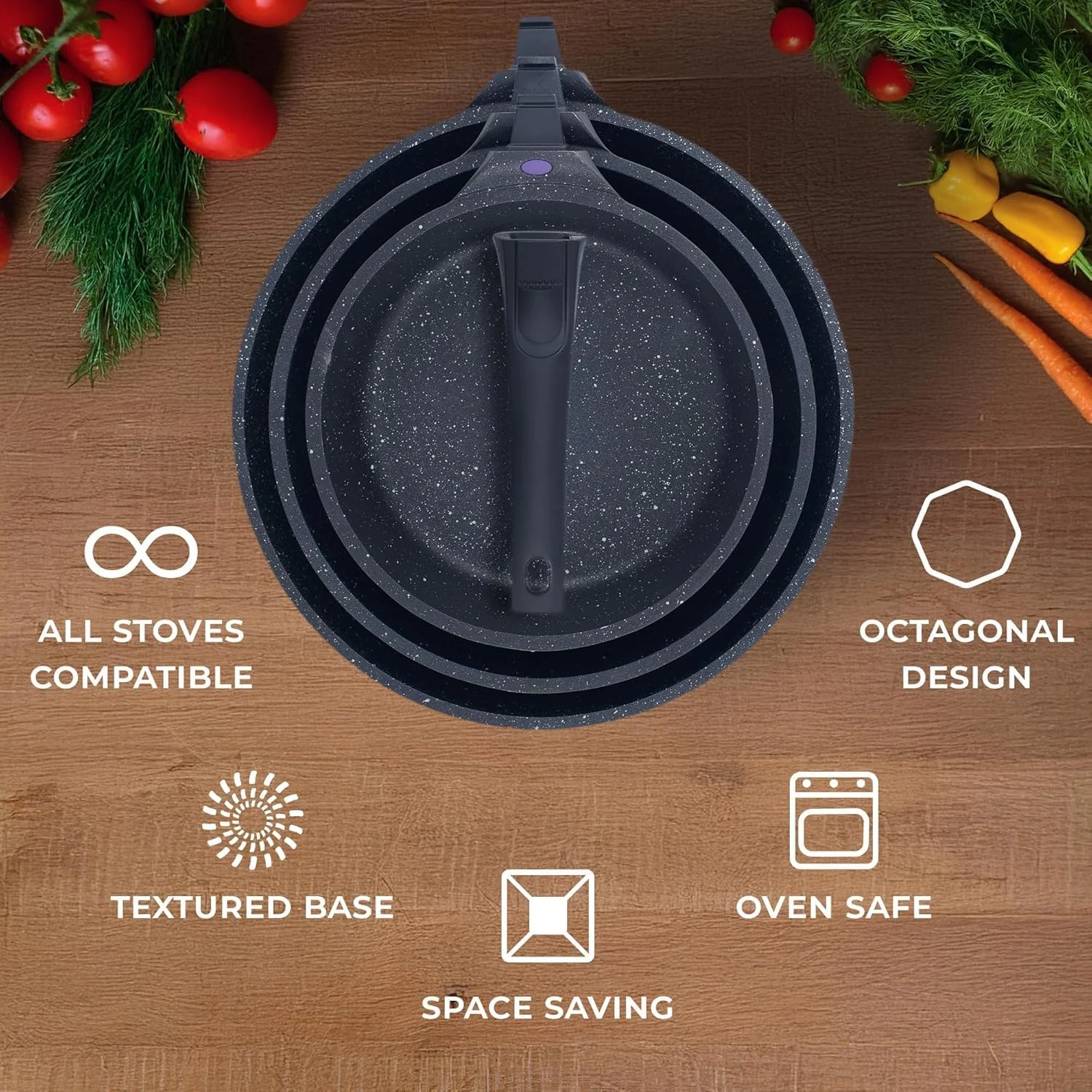 ست 3 تایی تابه نچسب جیپفل اینترنشنال در سایزهای 8، 10 و 12 اینچ - تابه آلومینیوم دایکاست با دسته جداشدنی - تابه نچسب مناسب پخت و پز سالم، سازگار با اجاق گازهای القایی، فاقد PFOA